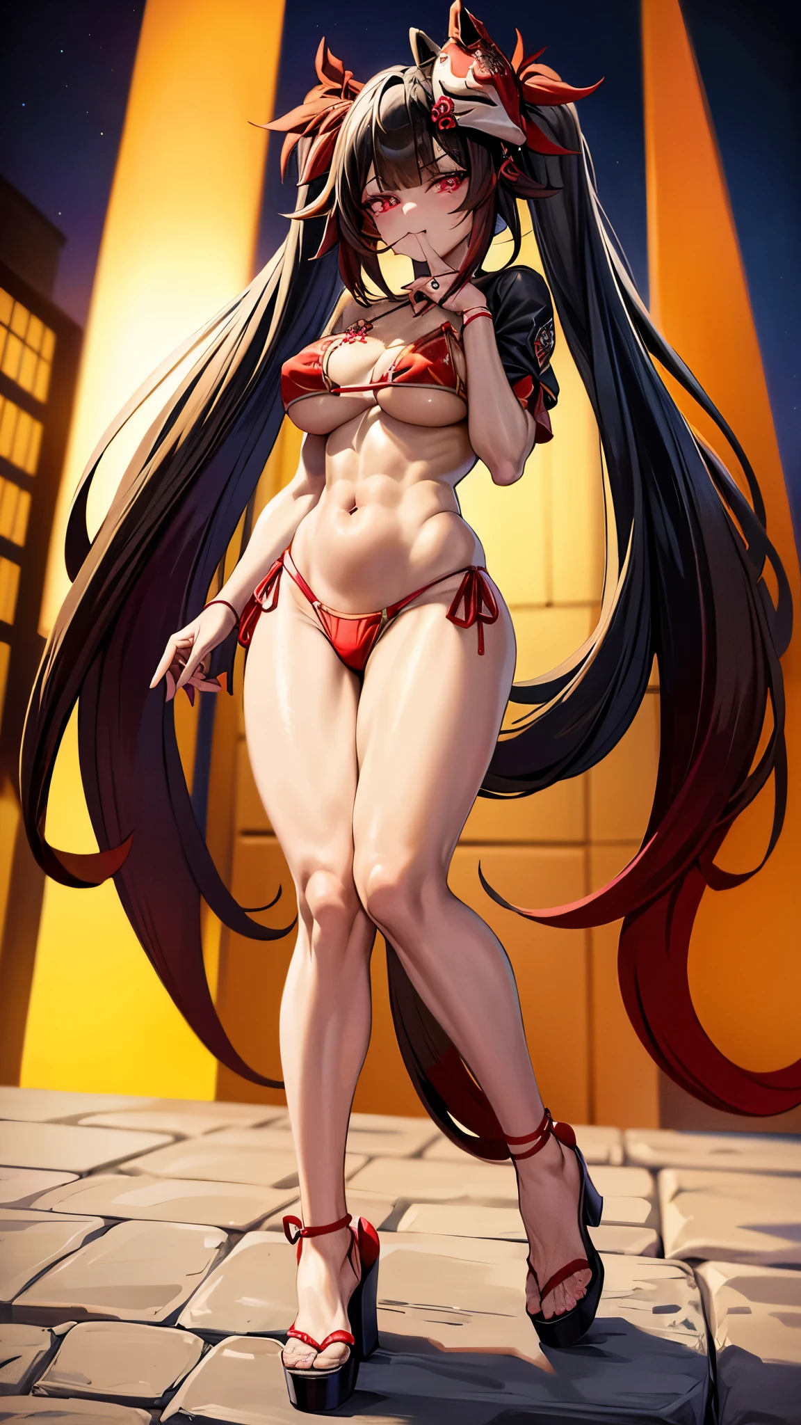 (((Work of art))), anime style, Predominantly red with black and white contrasts, Eye color: bright crimson red, with luminous reflections. Hair color Black with red highlights, Hairstyle: twintails, adorned with traditional red and gold hair ornament, smile, anime eyes, closed mouth, index finger raised, finger in mouth, (((kitsune mask))), muscular legs , (long legs), (((in the city of masks at night))), (( (full body photo), wearing red nail polish, red nails, (((wearing a beautiful short and sexy bikini))) , NSFW , hdr, {Standing}, (((full body view)))