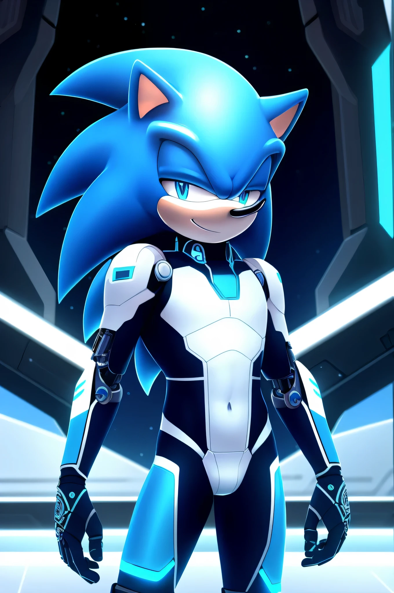 A solo male twink anthro android ((hedgehog)), with bright cyan fur, short quills, glowing blue eyes, white muzzle, wearing a sci-fi bodysuit stands in a futuristic landscape. The android's bodysuit has (((light blue, and white coloring))), and intricate (((mechanical details))), creating a futuristic look. the android has a seductive smirk on his face