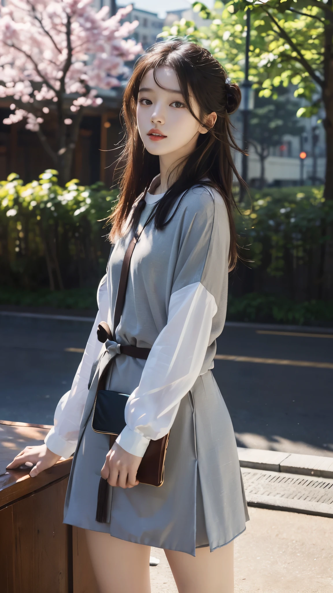 ((best quality, 8 thousand, masterpiece:1.4)), (1 woman), ((very small face:1.3)), masterpiece, best quality, very detailed, illustration, wide angle, A girl is standing in the middle of the road, alone, Pink cherry trees on the central road and roadside, whole body, 20's, white brown mixed hair, sweater, short skirt, fashion,, composition, balance, Harmony, rate, color, light, shadow, reflect, refraction, interval, difference, Panorama, center field, background, naturalistic, figurative, expressive, (hair color: gray bridge, bright brown),