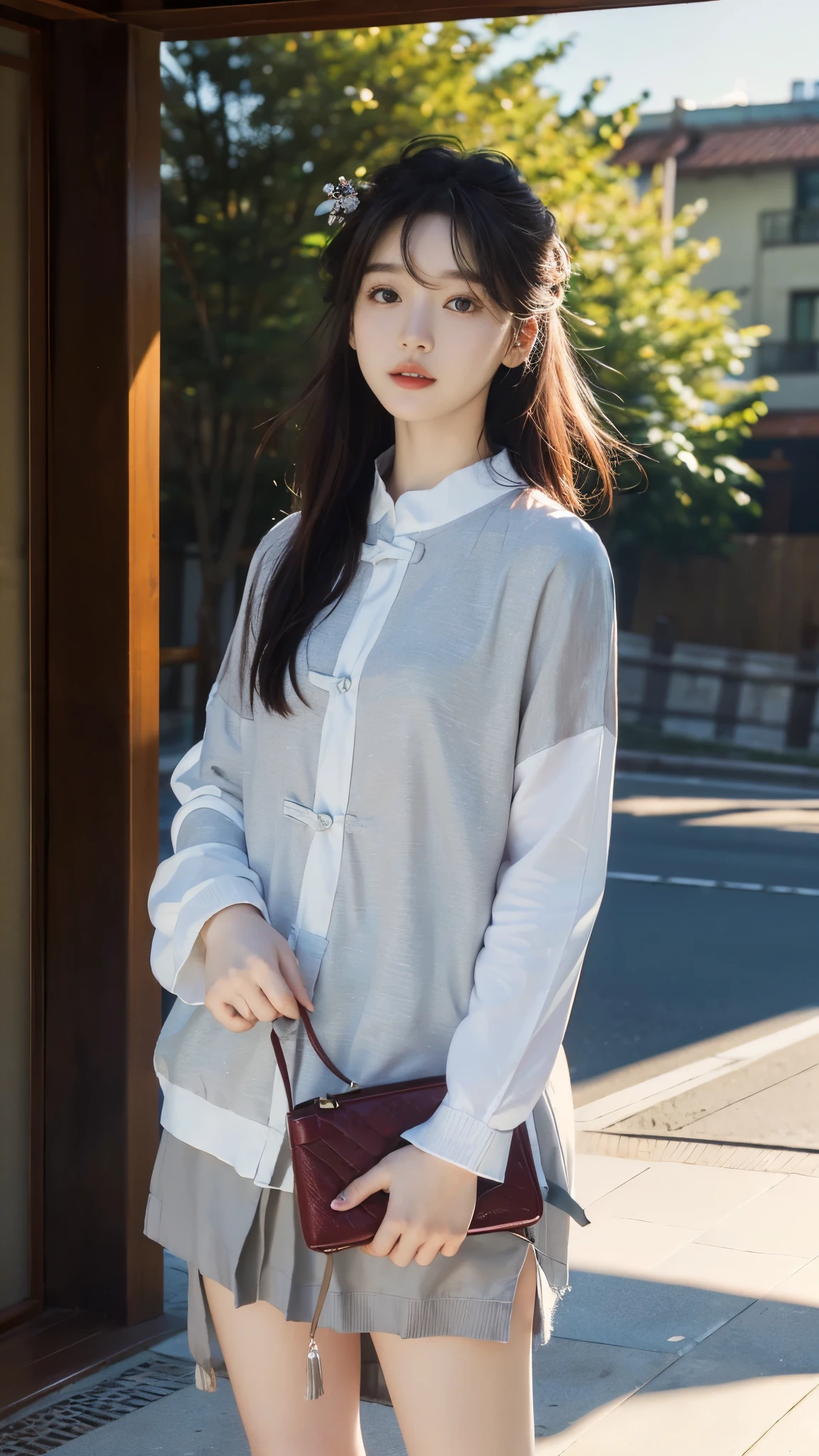 ((best quality, 8 thousand, masterpiece:1.4)), (1 woman), ((very small face:1.3)), masterpiece, best quality, very detailed, illustration, wide angle, A girl is standing in the middle of the road, alone, Pink cherry trees on the central road and roadside, whole body, 20's, white brown mixed hair, sweater, short skirt, fashion,, composition, balance, Harmony, rate, color, light, shadow, reflect, refraction, interval, difference, Panorama, center field, background, naturalistic, figurative, expressive, (hair color: gray bridge, bright brown),