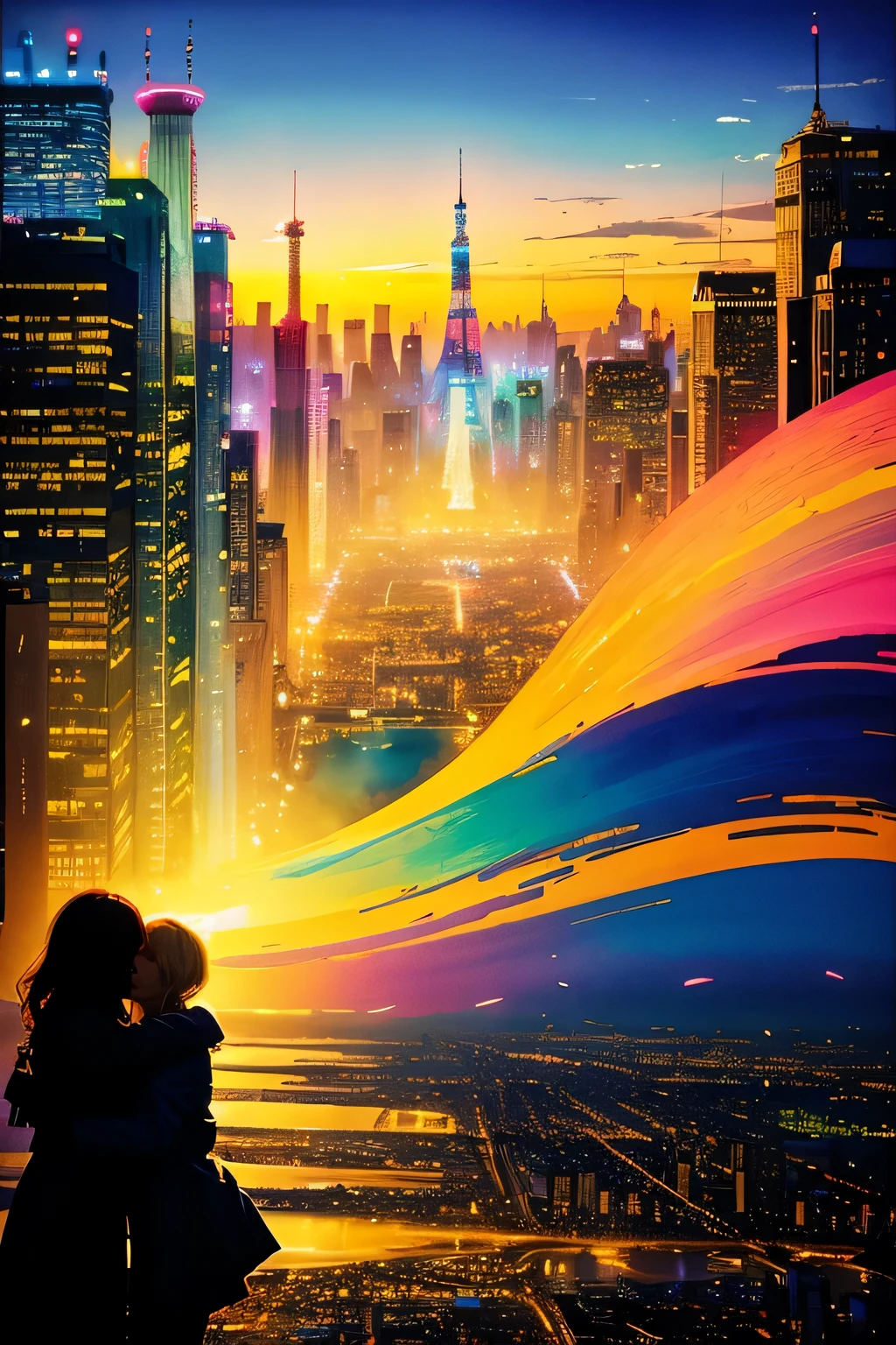 the city that never sleeps、Watercolor Touch、Bleeding、(a woman:1.2) , luminous design, pastel colours, ink drips, spring lights,Artistic,azure, redA painful tragedy must not end、The morning sun reaches the city、Happiness returns、While hugging、Let's live in the present, which will never return