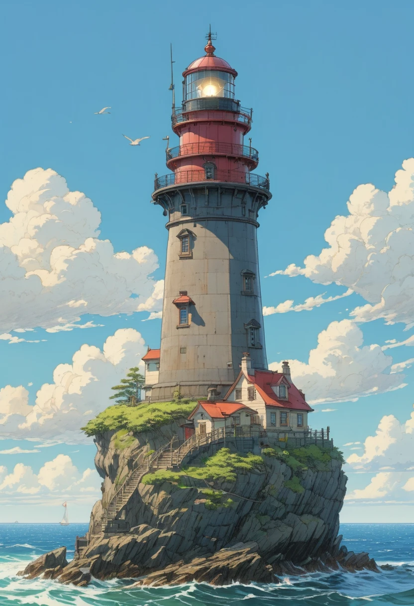Lighthouse, by Studio Ghibli, (best quality, masterpiece, Representative work, official art, Professional, 8k, Ultra intricate detailed:1.3)