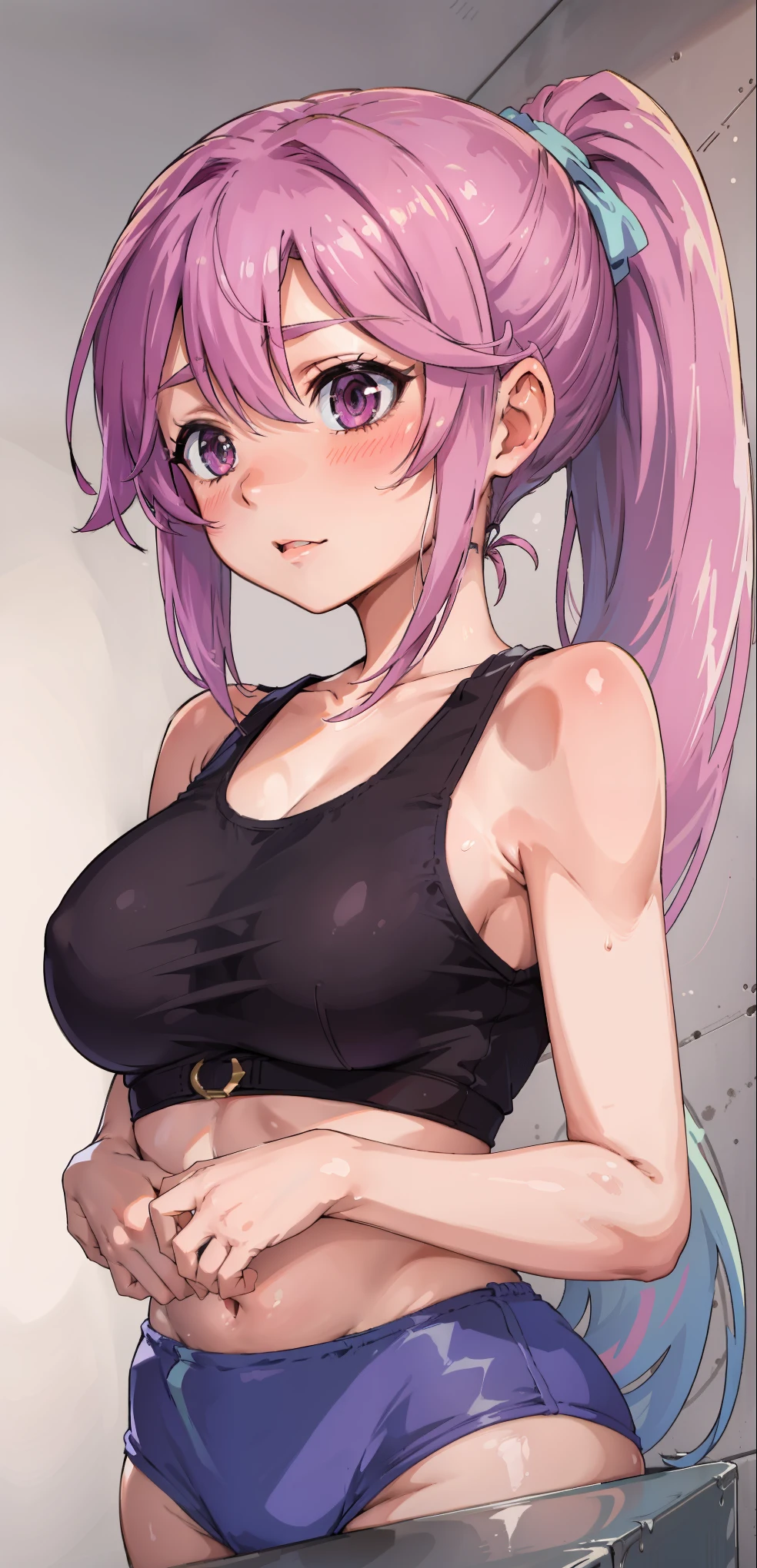 Jibril, ((upper body)), blushed, perfect anatomy, detailed eyes, detailed lips, extremely detailed eyes and face, vivid colors, sharp focus, masterpiece:1.2, ultra-detailed, blushed, ((doggystyle)), (solo), ((cropped tank top)), sleeveless, ((((ponytail))))