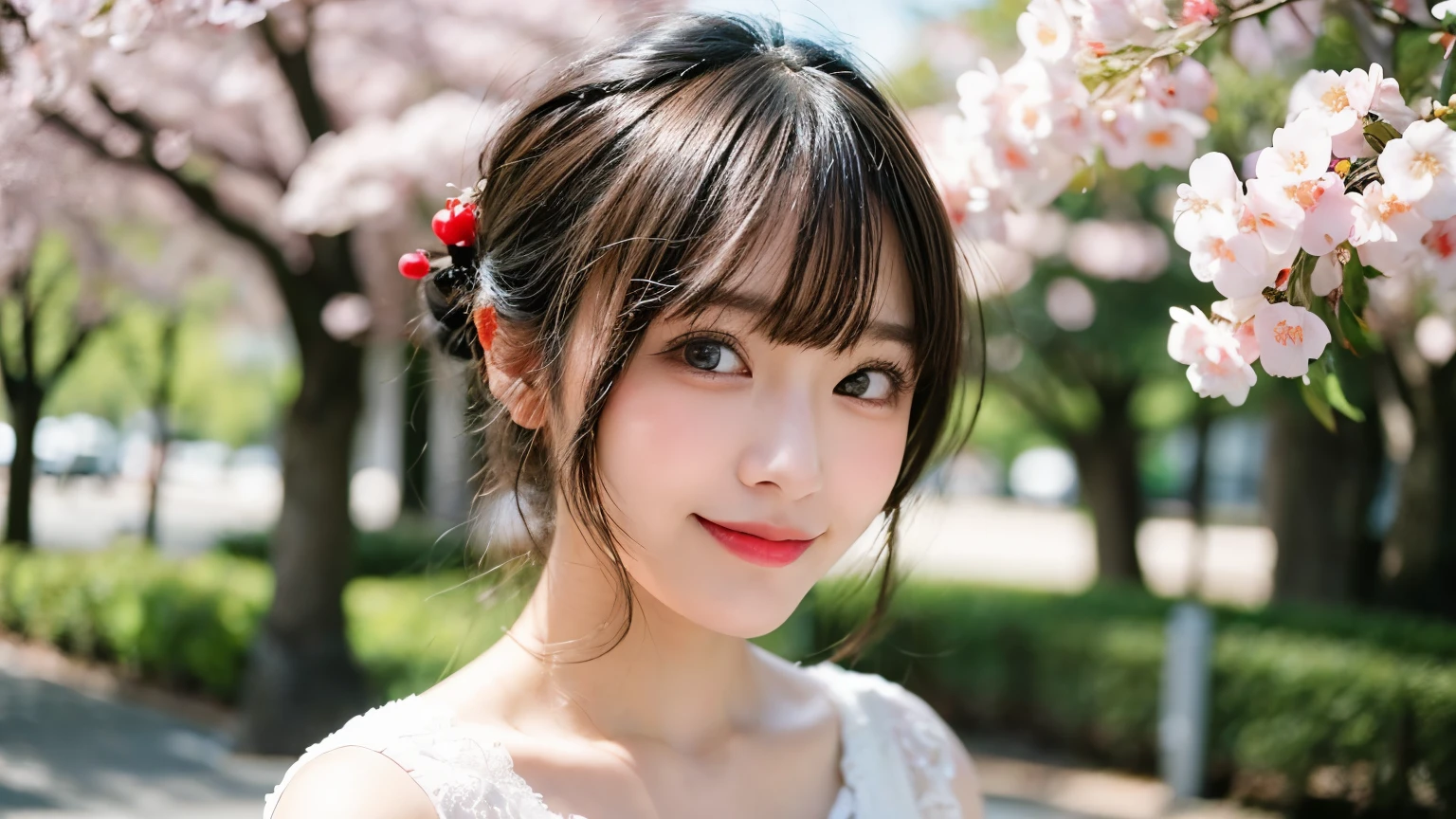 table top, highest quality, shape, Super detailed, finely, High resolution, 8k wallpaper, 完璧なダイナミックな構shape, finelyて美しい目, wearing a white dress,medium hair,natural color lip, smile,Harajuku、teenage girl、cute、looking at the camera、C cup、brown hair、Blurred cherry blossom background