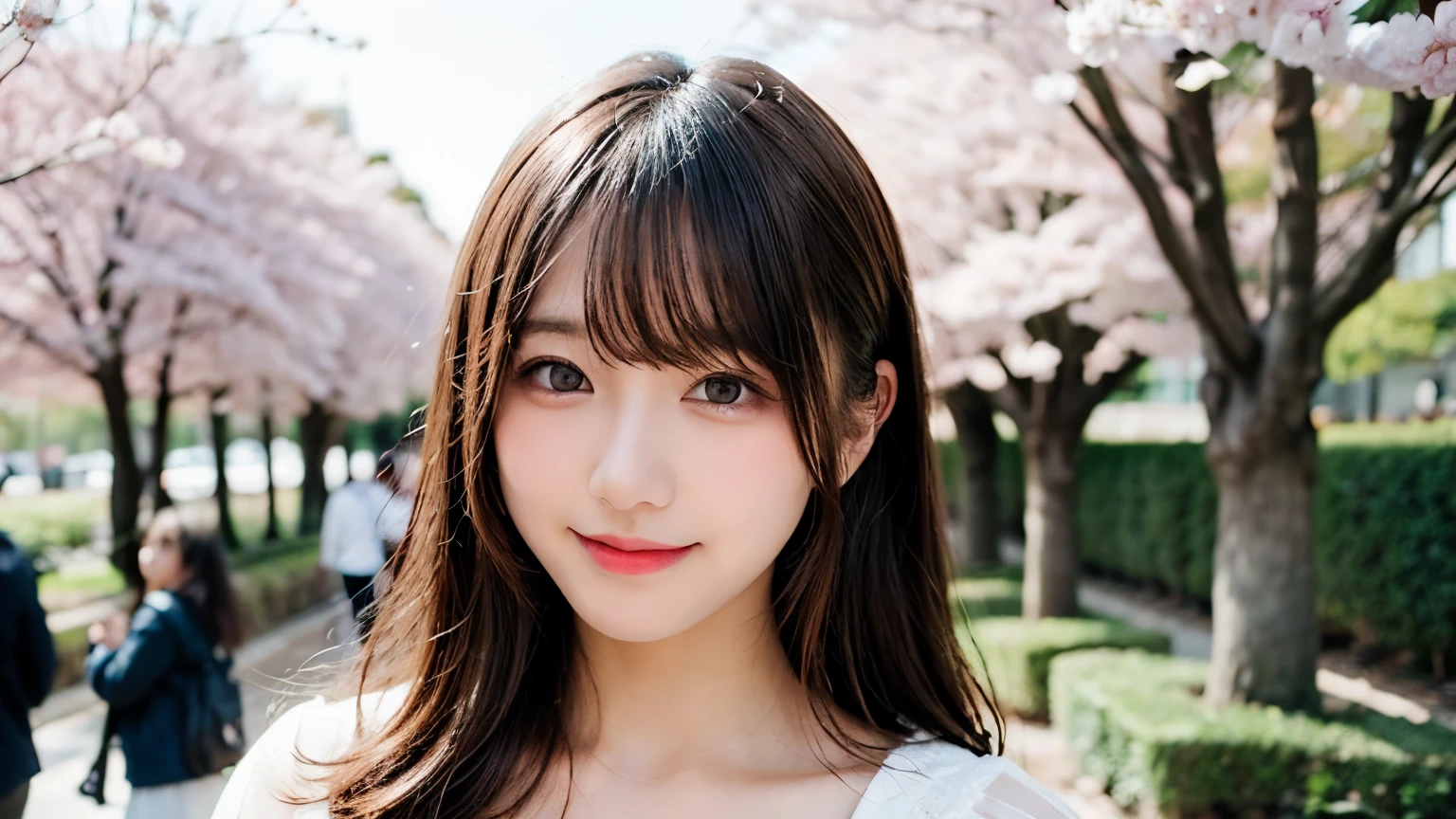table top, highest quality, shape, Super detailed, finely, High resolution, 8k wallpaper, 完璧なダイナミックな構shape, finelyて美しい目, wearing a white dress,medium hair,natural color lip, smile,Harajuku、 girl、cute、looking at the camera、C cup、brown hair、Blurred cherry blossom background