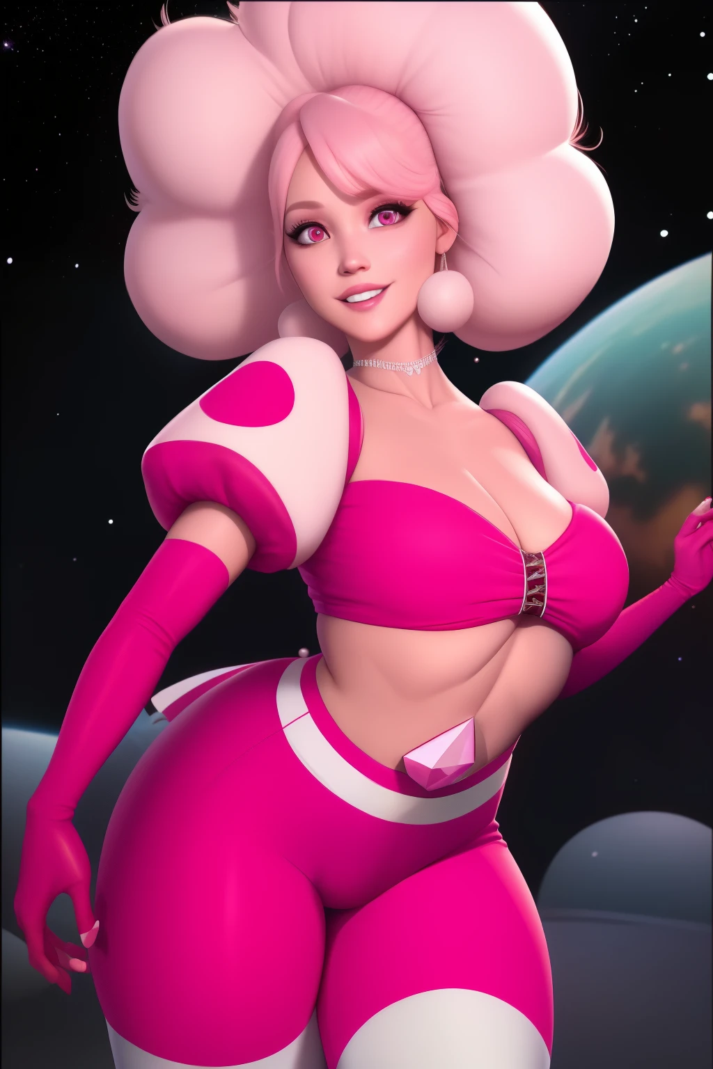 pnkdamond, pink hair, pink eyes, big hair, stomach gem, pink skin, toned,
y short sleeves, elbow gloves , white thighhighs, puffess,
standing, upper body,
outerspace,
(insanely detailed, beautiful detailed face,beautiful detailed eyes, masterpiece, best quality) cinematic lighting, smile,