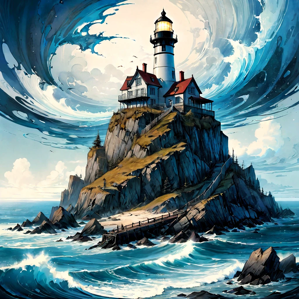 Lighthouse, aesthetic, extremely detailed, Daniel Merriam, by john blanche, M. C. Esher, ink drawing, dirty ink, frostpunk, lighthouse, blue ink ocean, lighthouse on an island, black ink