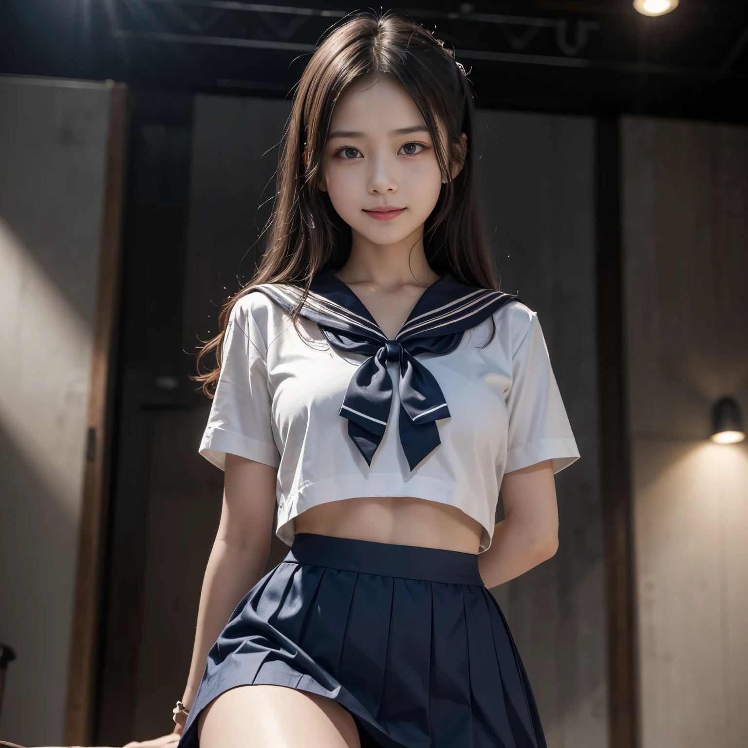 ((masterpiece、highest quality))、shape、Super detailed、8k、realistic、sharp focus、very detailed、professional lighting、Spotlight、colorful details、(A peerless beautiful girl:1.4)、(Wearing a tight sailor suit and skirt:1.35)、(Clothes that allow you to see through your underwear:1.２５)、(dance violently:1.3)、detailed texture、perfect style、 body、On stage with a luxurious set、in front of a packed audience、look at the audience、18-year-old、smile、