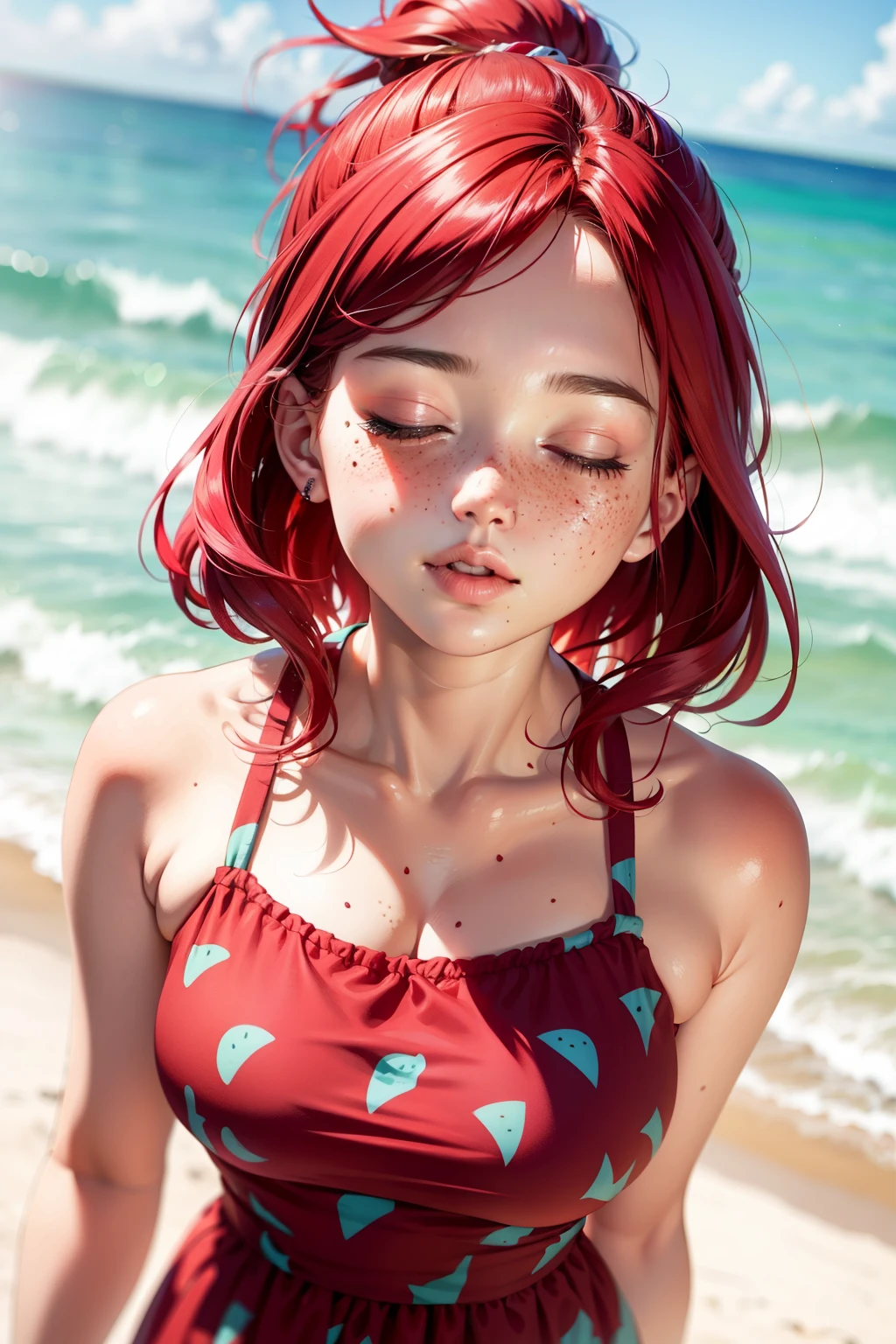 Blind box toy style,A cute little girl,red tinted hair,Medium length shoulder hair,Happy,Black pupils,Light laughter,Light blue clean background,Flawless Face,Sit on a rock,avatar close up,looking at viewert。