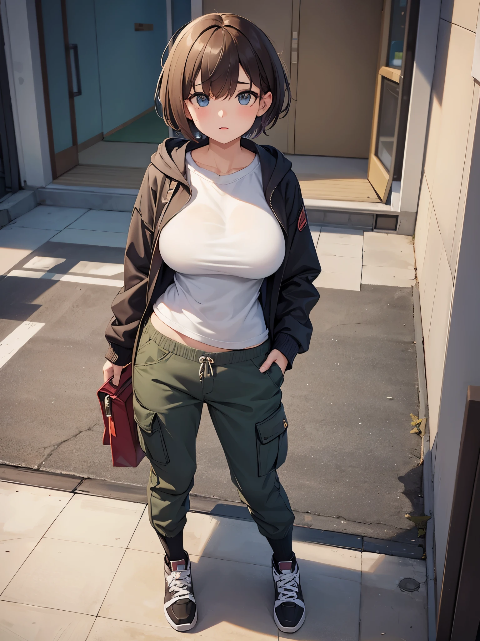 1girl, large breasts, cargo pants, hoodie, short hair