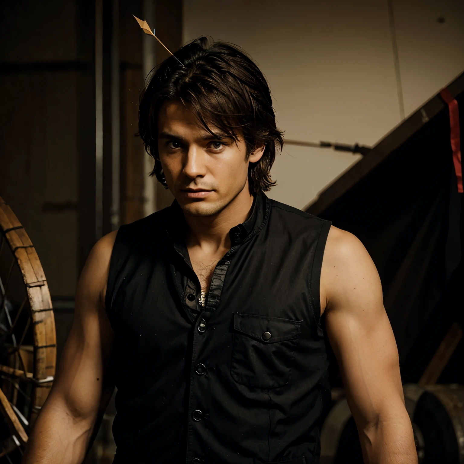 Male with messy hair, tired eyes, tan skin, black shirt and vest, in apocalypse, holding arrow, intimidating.