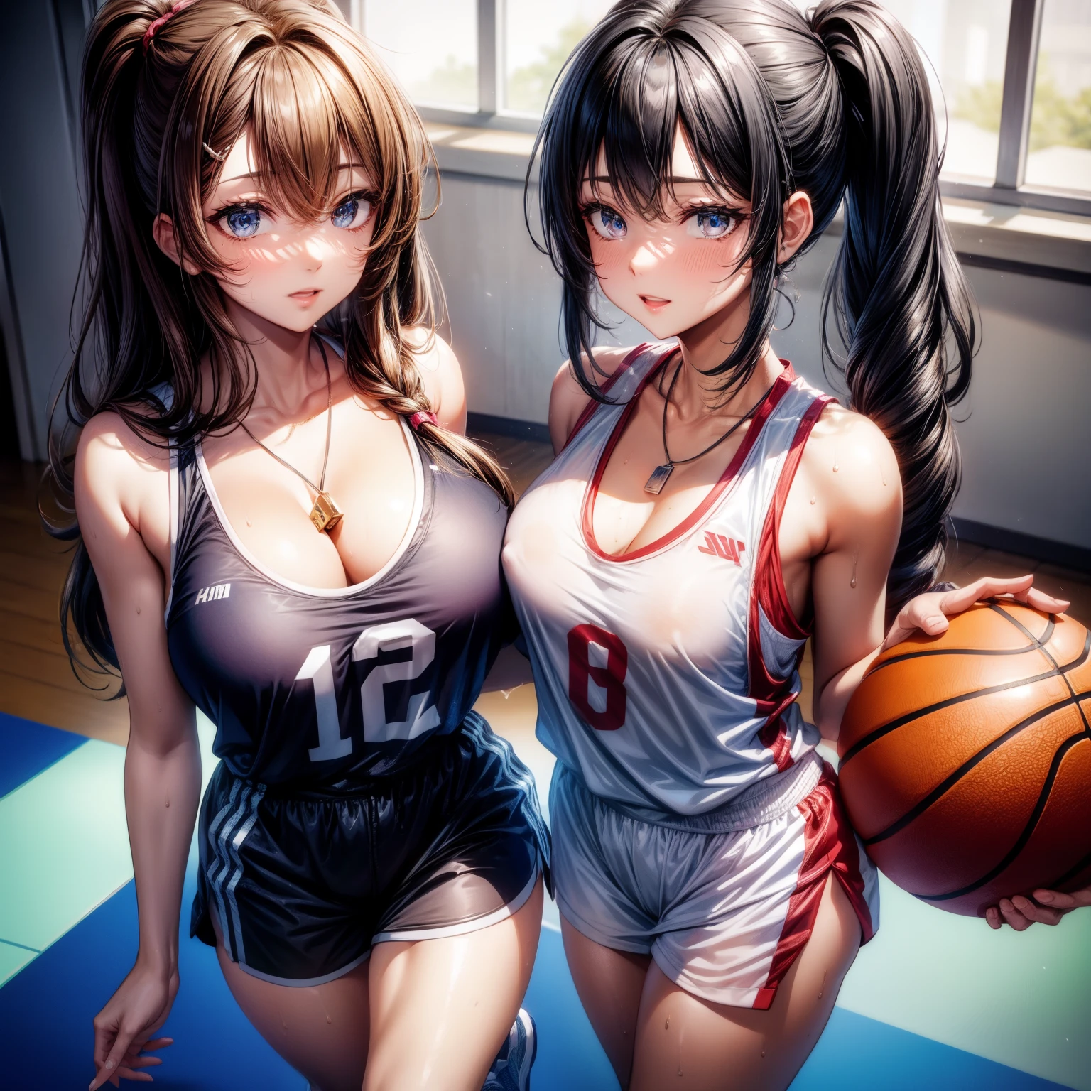 (8k ,Super detailed,Best masterpiece,nature,perfect work of art,perfect female figure),two women,sister and younger sister, sisters,rainbow hair,perfect face,(huge ),neighbor wife,woman hairstyle,elegant wife,Sophisticated and revealing ,20 years old,White skin,messy hair,perfect sexy body,Tone,flirtatious,very big ,Willow Yao,see through breasts,nipple,basketball player,Wearing ultra-short and sexy basketball sportswear,sweating,A lot of sweat soaked the clothes,Clothes become transparent,open chest,T-shaped small,Melted clothes,on the basketball court,Clap the basketball,Detail background,necklace,perfect eyes,,T-shaped small size,huge big