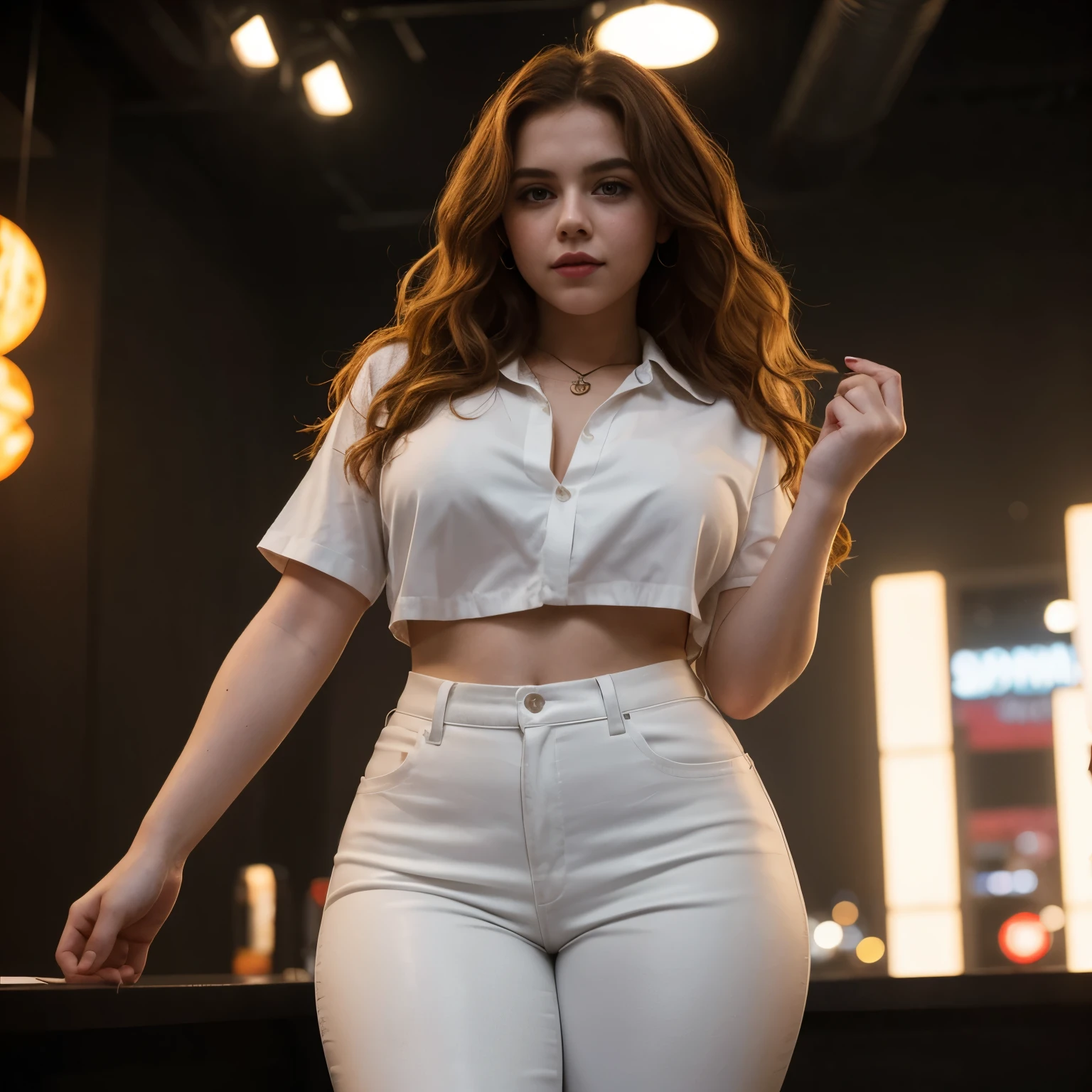 Sophia Lillis, thick woman, long wavy hair, photograph quality, eyeshadow and lipstick, dancing in a night club, loose white shirt and tight leather pants