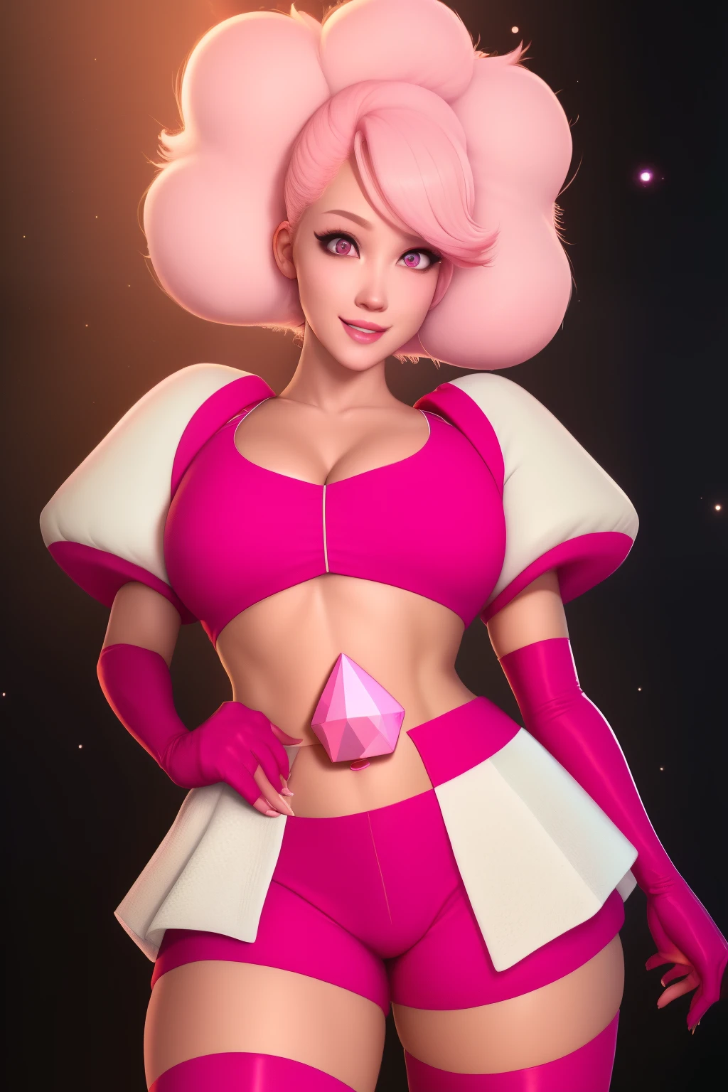 pnkdamond, pink hair, pink eyes,  big hair,  stomach gem,  pink skin,  toned, 
puffy short sleeves, elbow gloves ,  white thighhighs,   puffy dress, 
standing, upper body, 
 outerspace,  
(insanely detailed, beautiful detailed face,beautiful detailed eyes, masterpiece, best quality) cinematic lighting,  smile, 
 