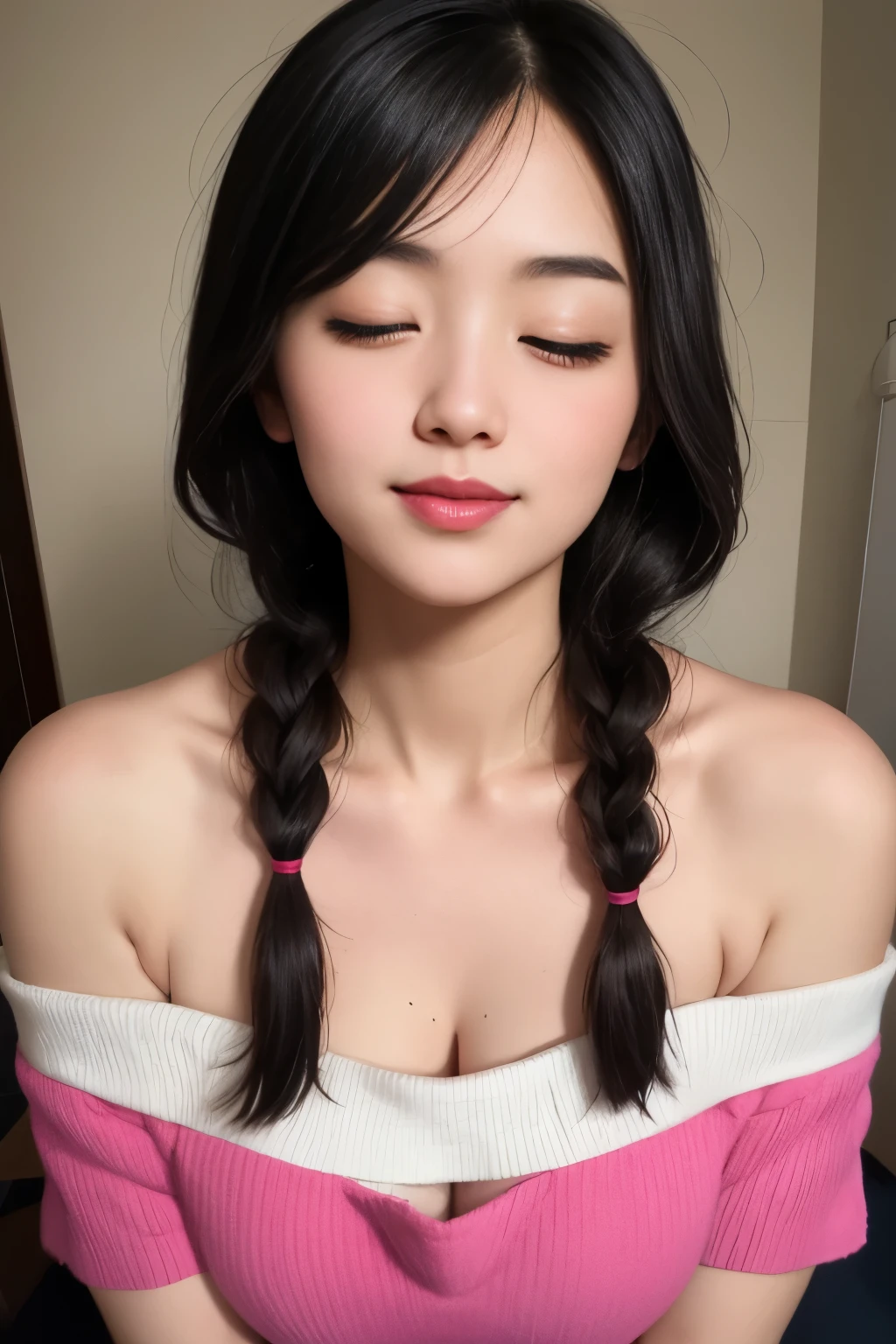 Sexy and cute woman, woman in love, black hair braided, very seductive and soft eyes, blushing hard, pink lips parted, seductive smile, long neck, collarbone, medium chest, cleavage, off shoulder t shirt, no straps, bare shoulders