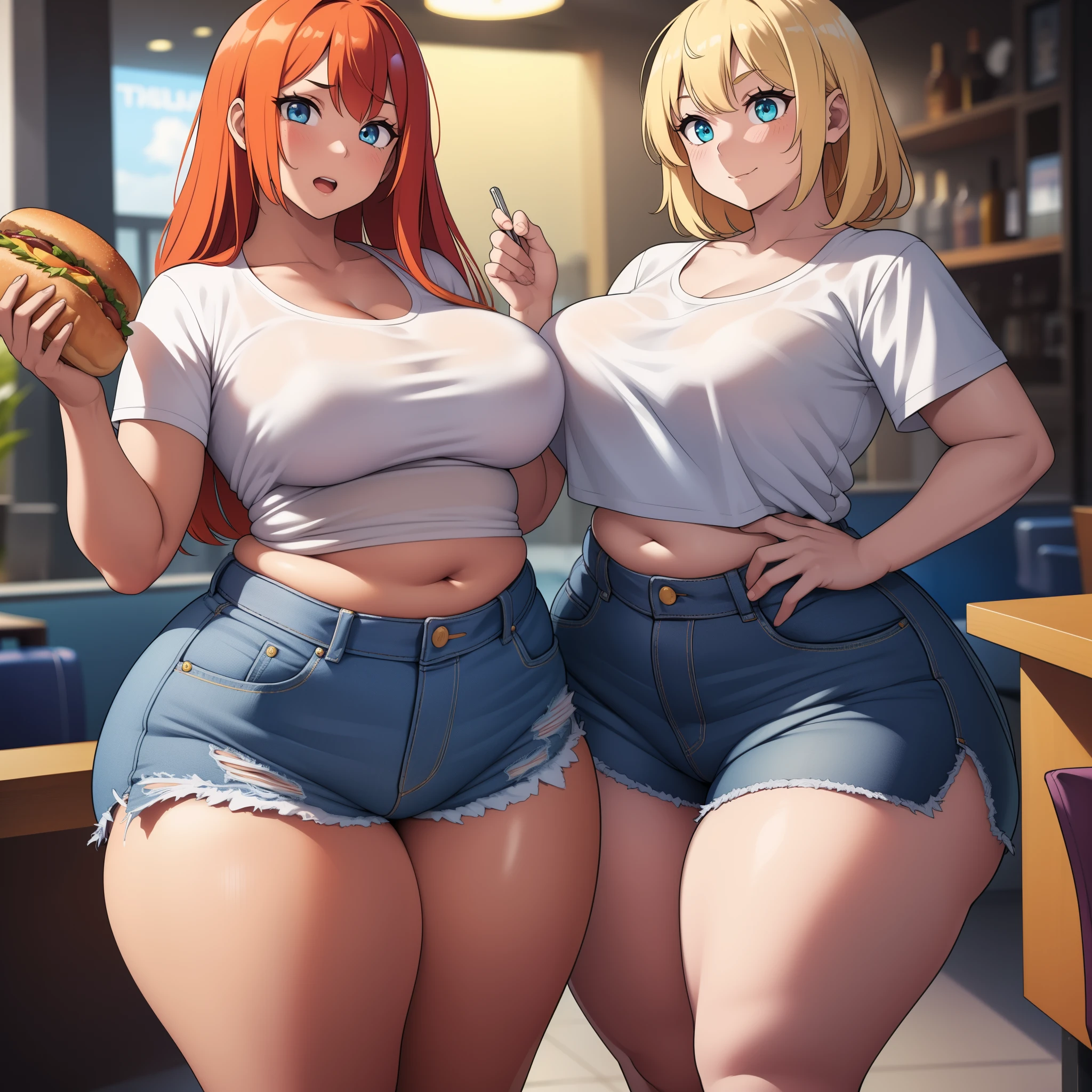 ((highreasterpeice, high quality, best quality, beautiful, perfect lighting, detailed face, ultra cute face, ((2girls)), one girl has blonde hair, blue eyes, crop top and shorts, one girl has orange hair, green eyes, jeans, white shirt, tight clothes, full body, fast food restaurant, medium breasts, perky breasts, ((wide hips)), (thick thighs), (pudgy), standing next to each other,