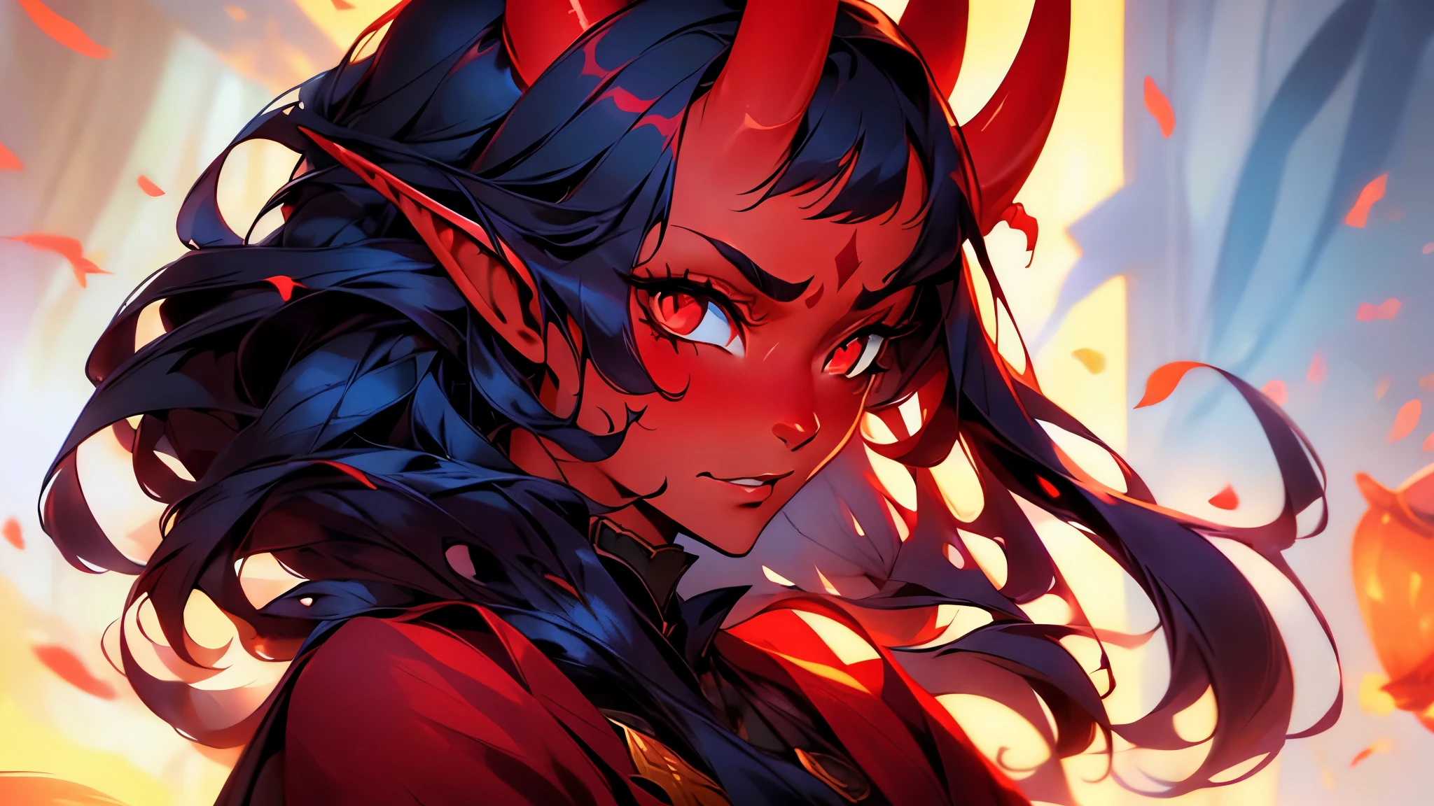 1 mature girl, tiefling, close up, portrait, embarrassed expression, blushing, solo, red-skinned girl, red skin, black hair, long black hair with curtain bangs, elf ears, red eyes, horns on forehead, oni horns, 8k, highdef, ultrares