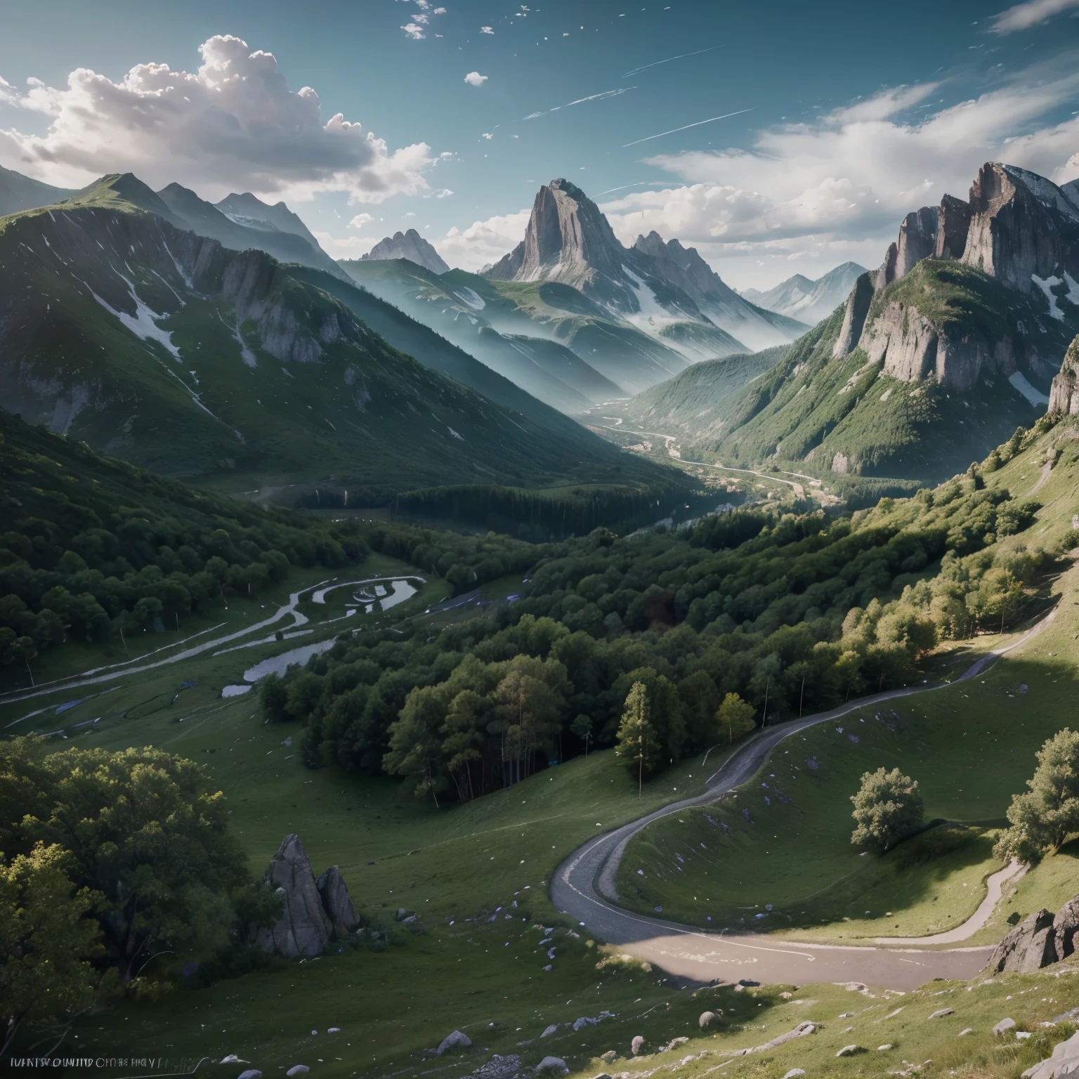 (extremely detailed CG unity 8k wallpaper,masterpiece, best quality, ultra-detailed)(illustrations : 1.0), photorealistic lighting, summer, green mountain, mountain ranges, Ben
