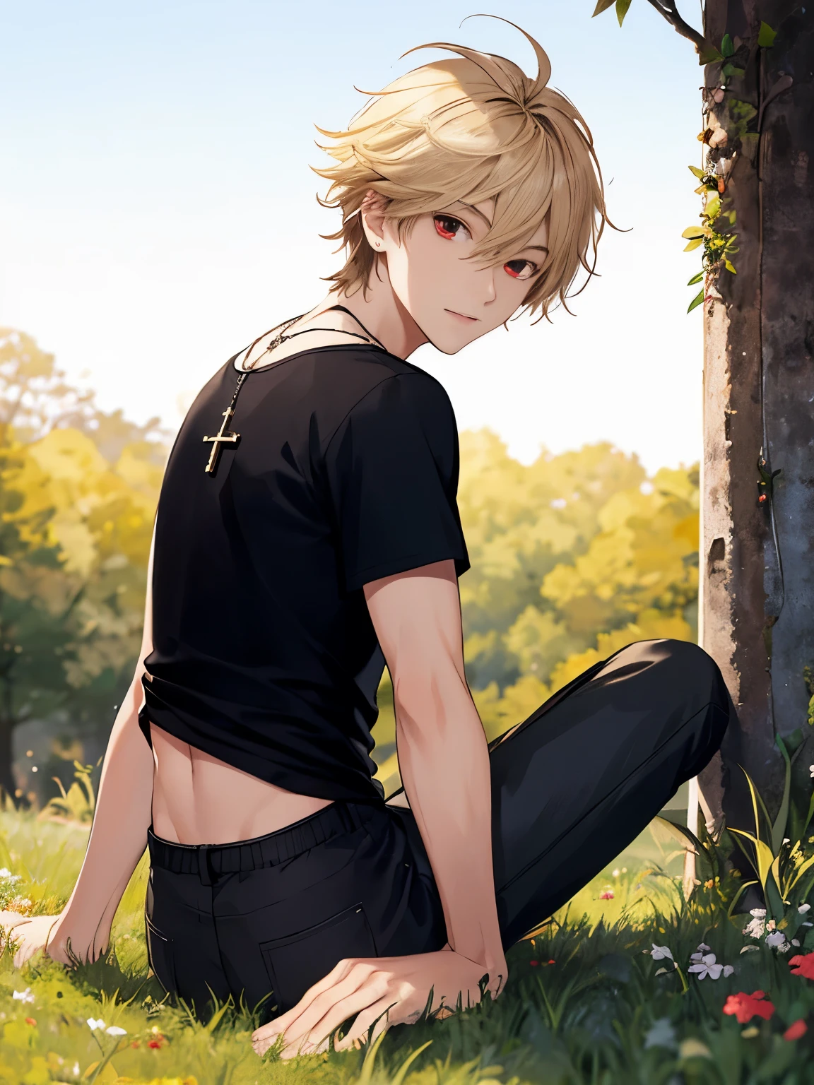 1 boy,solo,20 years old,Sitting on a grassy hill, at night, facing the back, photo from behind,half body photo,cross necklace,handsome,messy hair,Perfect face, detailed face, short hair, blonde hair,black t-shirt,black trousers, Long pants,red eyes,bright red eyes, vampire