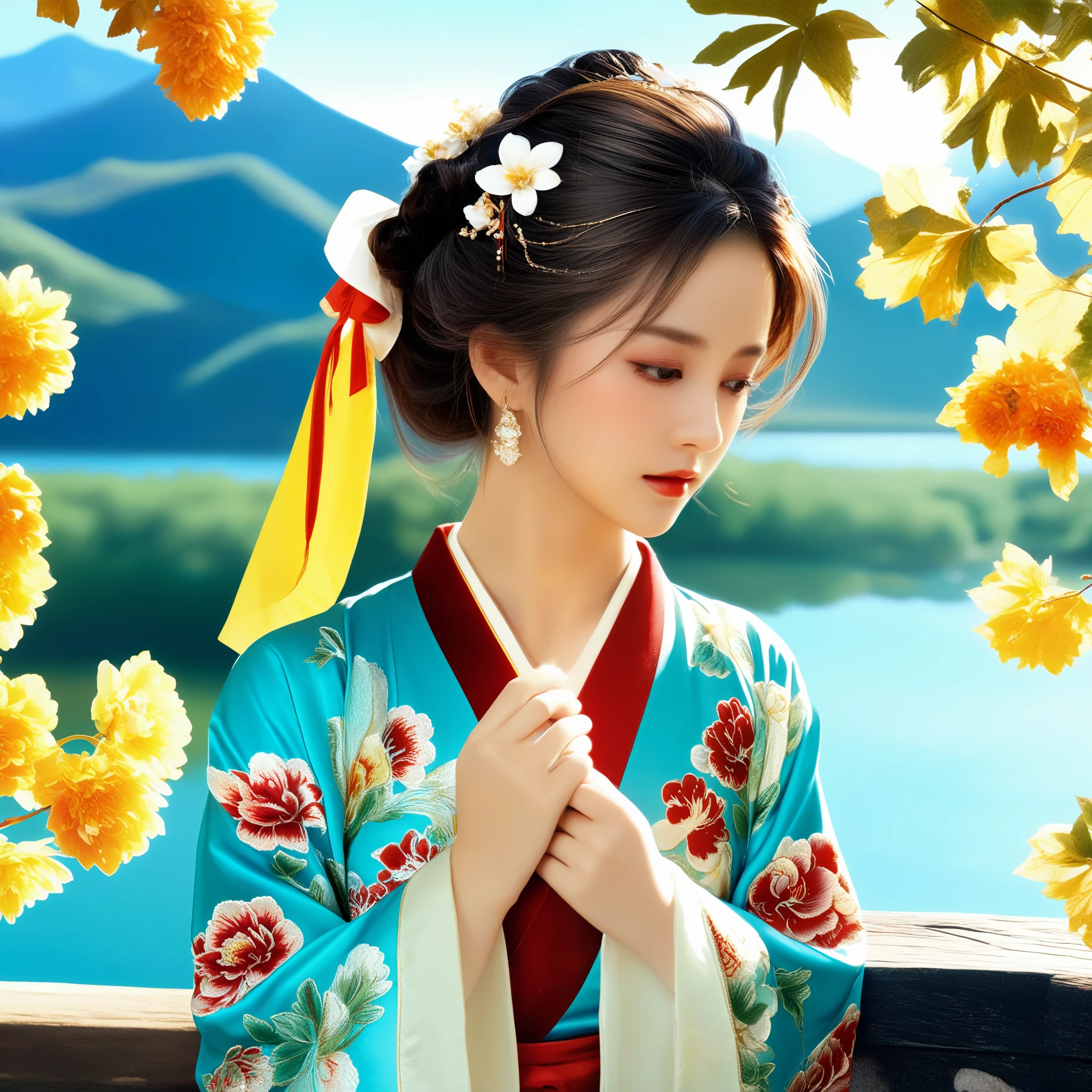 photorealistic,realistic,masterpiece,best quality,4k,，
A girl standing near the bridge over the lake, Wear new Chinese clothing that combines traditional Chinese Hanfu and modern clothing elements, Showing a unique oriental charm. Her clothes are mainly in red and white colors, With exquisite embroidery and beadwork, Showing the profound heritage of Chinese traditional culture. Her hairstyle is simple yet elegant, Wearing gorgeous hair accessories, Adds a splash of color to the overall look. Her makeup is delicate and elegant, Highlighting her natural beauty. Her eyes are bright and energetic, It seemed to be telling her inner story. Her skin is fair and delicate, Exudes a charming luster. Her figure is graceful and dignified, Exudes a noble temperament. She stood on the bridge by the lake, Behind you are the sparkling water and the mountains in the distance., It forms a beautiful picture. The sun shines on her body, Contrast between light and dark, highlighting her theme.