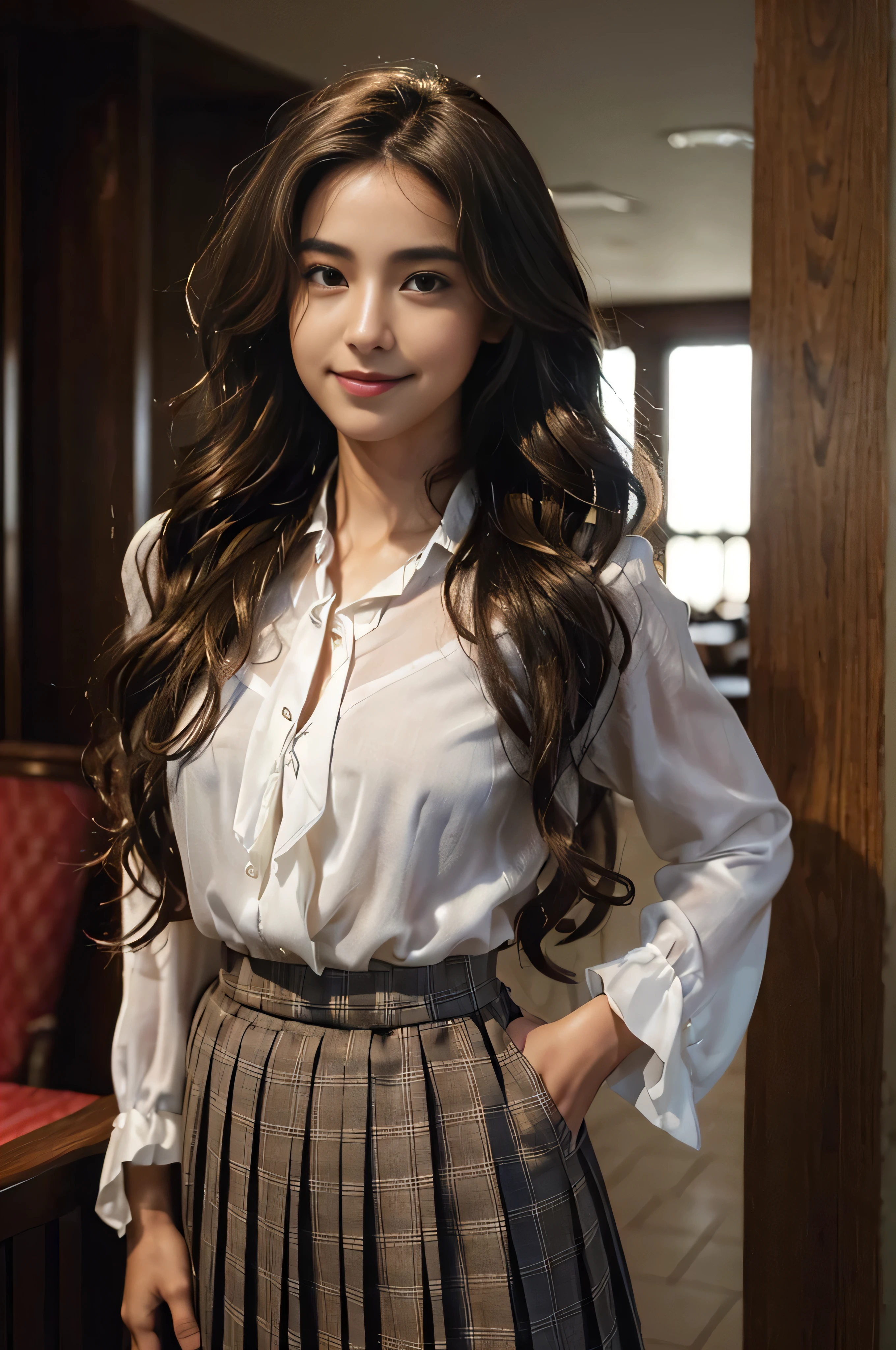 ((beautiful a girl:1.3)) ((Pleated skirt with many checked folds、Wearing a satin blouse, ultra-thin fabric、smooth、See-through fabric:1.3))、 ((In the hotel lobby:1.3)) ((Thin_fabric:1.4)) ((Waiting for people:1.3)) ((Her face is flushed and her hair is loosely curled.:1.2,ikun:1.4)) ((breasts:1.2)) ((close-up:1.2)) Best Quality,masutepiece,超A high resolution,(Photorealistic:1.4),Raw photo,(Authentic skin texture:1.3),(Film grain:1.3),the panorama,Character Portrait,Very Wide Shot,Narrow waist,Cowboy Shot,(In the Dark, deepshadow, lowkey, cold light,) Night,((loosely wavy hair:1.2)),Streaming Tears,,Dust,Tindall Effect,(expression),1girl in,beautiful detailed eyes and face,White Jabot,Brown eyes,((Brown-colored super long hair:1.2)) ((Smile:1.3))