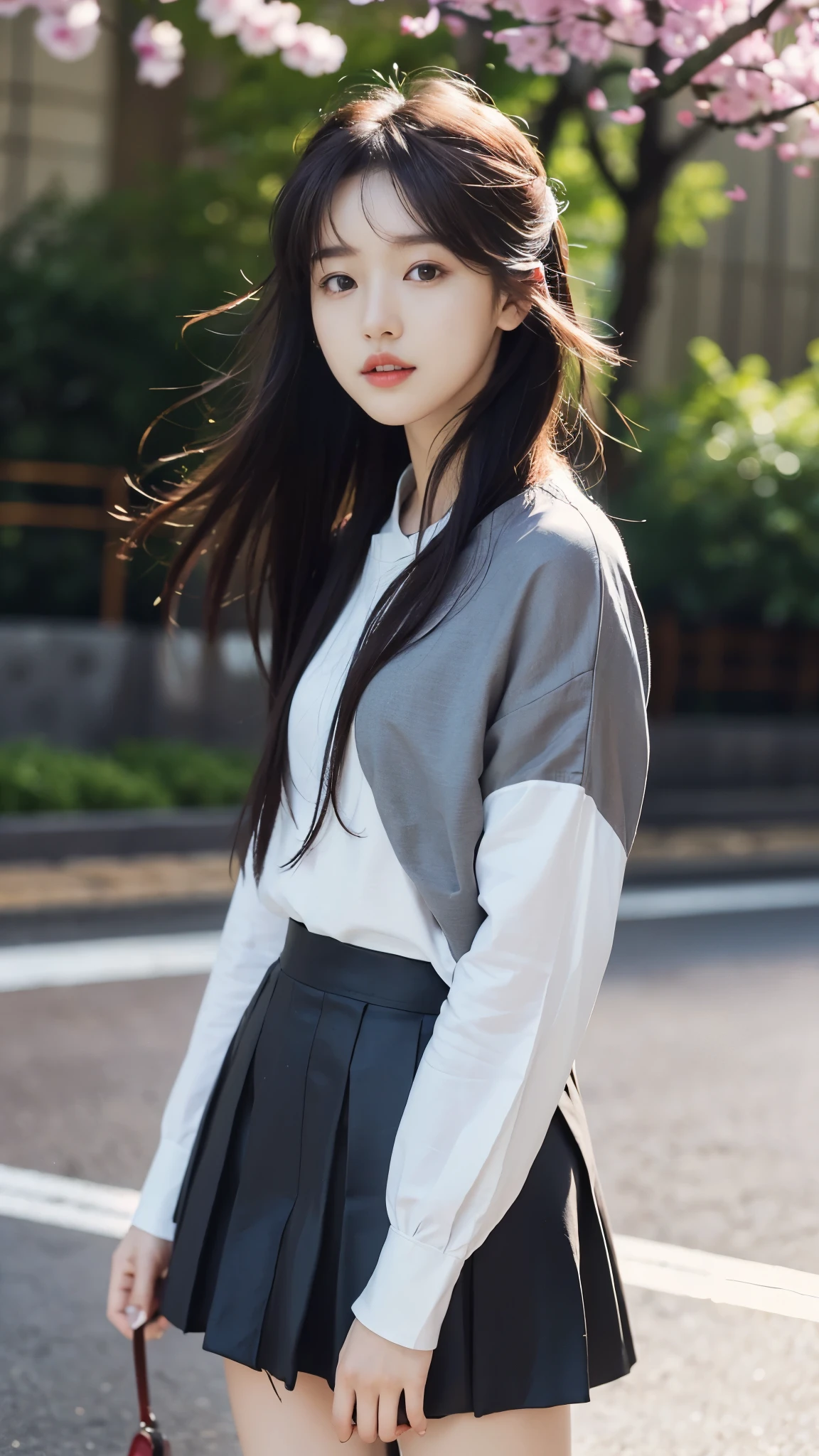 ((best quality, 8 thousand, masterpiece:1.4)), (1 woman), ((very small face:1.3)), masterpiece, best quality, very detailed, illustration, wide angle, A girl is standing in the middle of the road, alone, Pink cherry trees on the central road and roadside, whole body, 20&#39;s, white brown mixed hair, sweater, short skirt, fashion,, composition, balance, Harmony, rate, color, light, shadow, reflect, refraction, interval, difference, Panorama, center field, background, naturalistic, figurative, expressive, (hair color: gray bridge, bright brown),