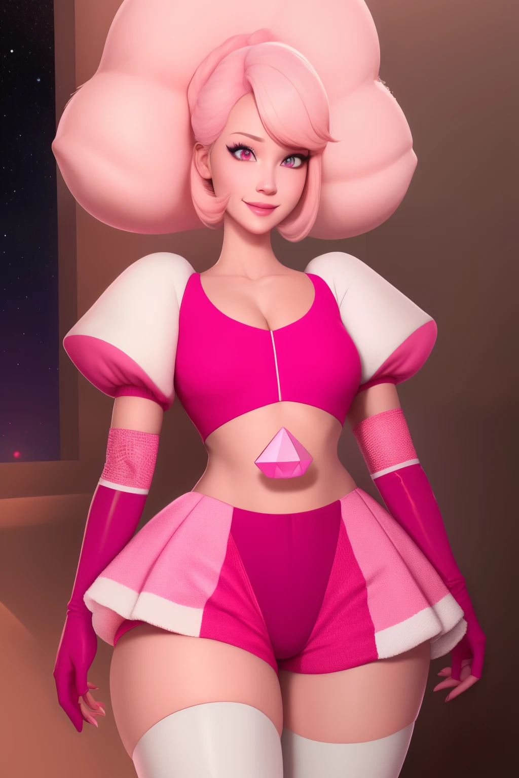 pnkdamond, pink hair, pink eyes,  big hair,  stomach gem,  pink skin,  toned, 
puffy short sleeves, elbow gloves ,  white thighhighs,   puffy dress, 
standing, upper body, 
 outerspace,  
(insanely detailed, beautiful detailed face,beautiful detailed eyes, masterpiece, best quality) cinematic lighting,  smile, 
 