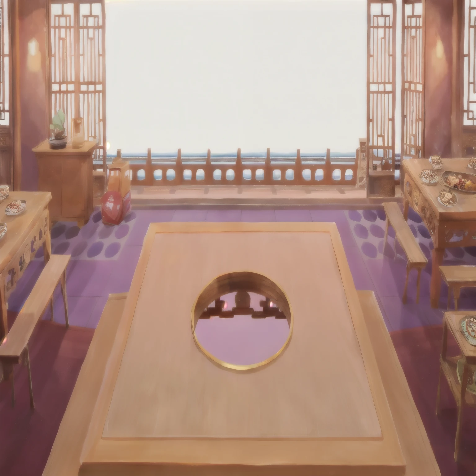 Antique interior，gorgeous，hotpot restaurant，There is a room with a table, Chair, and a table, palace background, ballroom background, ballroom background, Depicting the background of the temple, temple background, zen temple background, Random background scene, Stadium Background, background art, mobile game background, interior background art, Volleyball court background, Detailed Landscape—Width 672
