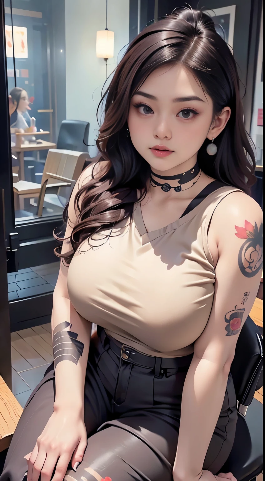 there is a woman sitting down with a longest brown hair, bbwchan, thicc, brown hijab outfit, brown hairstyle model, korean girl, korean woman, wearing brown robe, full length shot, alluring plus sized model, japanese goddess, clothed in hooded, voluptuous and arousing, portrait shot, curvy model, voluptuous body, wonderful, nene tanaka body , bbwchan, The overall atmosphere is smooth , haunting illustrations, extremely high-resolution details, photographic, realism pushed to extreme, fine texture, 4k, ultra-detailed, high quality, high contrast, red sneakers , cold atmosphere ,, cold atmosphere ,, ((Detailed texture of tattooed skin)), tattoo round breasts, irezumi tattoo style, tattoo on breasts, tttattoo, showing her thigh , tattoo on thigh, a close up of a woman with tattoos on her body, inked, tattooed body, fully tattooed body, tattooed, full-body tattoos, full - body tattoos, , full body tattoo, with tattoos, , tattoos, tattoos all over the skin, tattoos and piercings, ((Neka: 0.45)) LoRA, {{Big brother's tattooed woman Iremuzi tattoo style v1.0: 0.91}},, ((BohoAI v1.0 : 0.45))