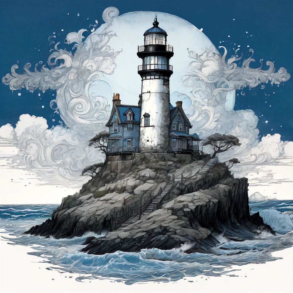 Lighthouse, aesthetic, extremely detailed, Daniel Merriam, by john blanche, M. C. Esher, ink drawing, dirty ink, frostpunk, lighthouse, blue ink ocean, lighthouse on an island, black ink