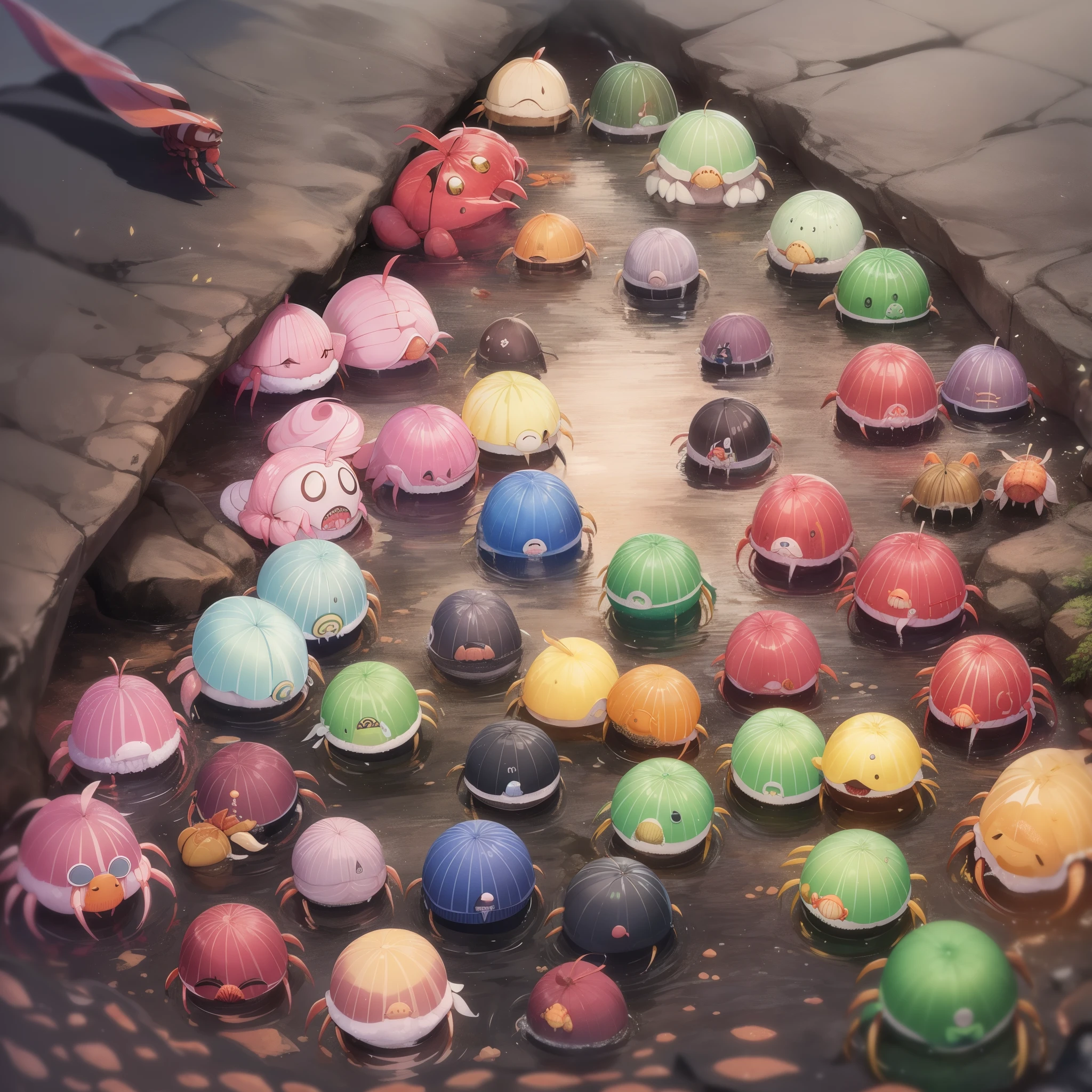 Open sea、（（（武装hermit crab）））+++、（（（要塞hermit crab）））+++、（（（戦艦hermit crab）））+++、（（（巨大hermit crab）））+++、hermit crab（dormitory、parasite）teeth、十脚目hermit crab上科 Paguroidea のうち、A crustacean that lives primarily by encasing its body in a snail shell and carrying it on its back.、the reclusive crab、体teeth頭胸部と腹部に分かれる。胸脚の第一対teeth太く発達した鋏脚で、多くの場合teeth左右不対称である。大きい方の鋏teeth、Used to cover the entrance when the body is withdrawn into the shell。歩脚として使われるのteeth第2・第3対の2対であり、残りの第4・第5胸脚teeth短くなって貝殻を保持するために使われる。腹部teeth長く柔らかい袋状で、Spiral shaped to match the shell of the snail。腹部の関節teeth不明瞭で、付属肢teeth左側だけが残り、右側teeth退化している。尾脚teeth鉤状で、It plays the role of keeping the body inside the shell.、種類によってteeth欠くものもいる。但し同じhermit crab上科でも、ツノガイhermit crab科 Pylochelidae (Pomatochelidae)teeth腹部に関節があり、It grows straight backwards and resembles a shrimp.。この形態teethhermit crab上科共通のグラウコトエ幼生 Glaucothoe に似ており、ツノガイhermit crab科teethhermit crab上科の中でも原始的な部類とされている。Many live from the intertidal zone to the deep seabed, several hundred meters deep.、Brackish water depending on type、beach、Rocky reefs、coral reef、They live in environments such as sandy mud bottoms.。亜熱帯から熱帯でteeth、海岸付近の陸上で生活するオカhermit crab類 Coenobita もいる。日本の海岸でteethホンhermit crab Pagurus filholi、ユビナガホンhermit crab P. minutus、ケアシホンhermit crab P. lanuginosus、Clibanarius virescens、Paguristes ortmanni etc. are often seen。普段teeth貝殻から頭胸部だけを出して歩き回り、When you feel danger、quickly retreat into the shell、It covers the mouth of the shell with its well-developed scissor legs.。食性teeth雑食性で、algae、biological remains、eat detritus etc.。天敵teethタコや肉食魚の他、They are sometimes preyed upon by large crabs such as carappa and warty crabs.。Humans are also natural enemies because they are eaten and used as fishing bait.、卵teeth小さく、孵化した子teethゾエア Zoea、グラウコトエという幼生期を経て小さなhermit crabの姿に変態し、enter the life under the sea。陸上生活をするオカhermit crab類も、幼生時teeth海で成長す