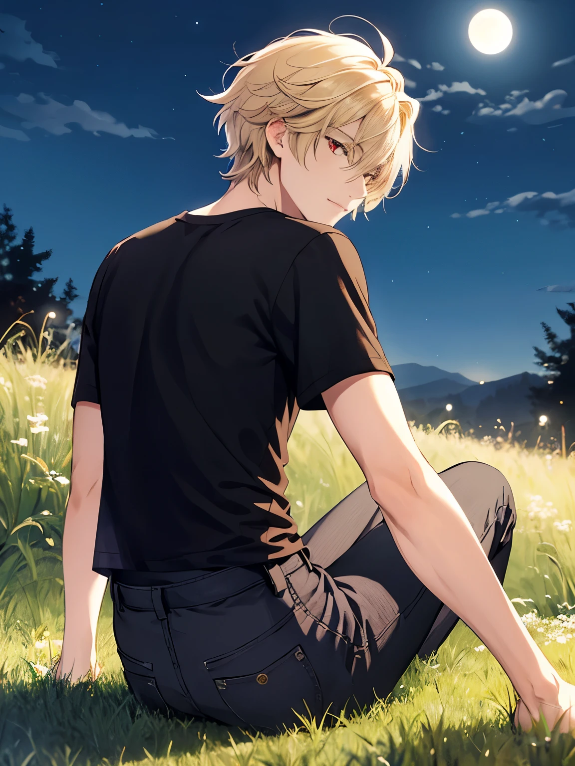 1 boy,solo,20 years old,Sitting on a grassy hill, at night, night, beautiful moon,facing the back, photo from behind,half body photo,handsome,messy hair,Perfect face, detailed face, short hair, blonde hair,black t-shirt,black trousers, Long pants,red eyes,bright red eyes, vampire