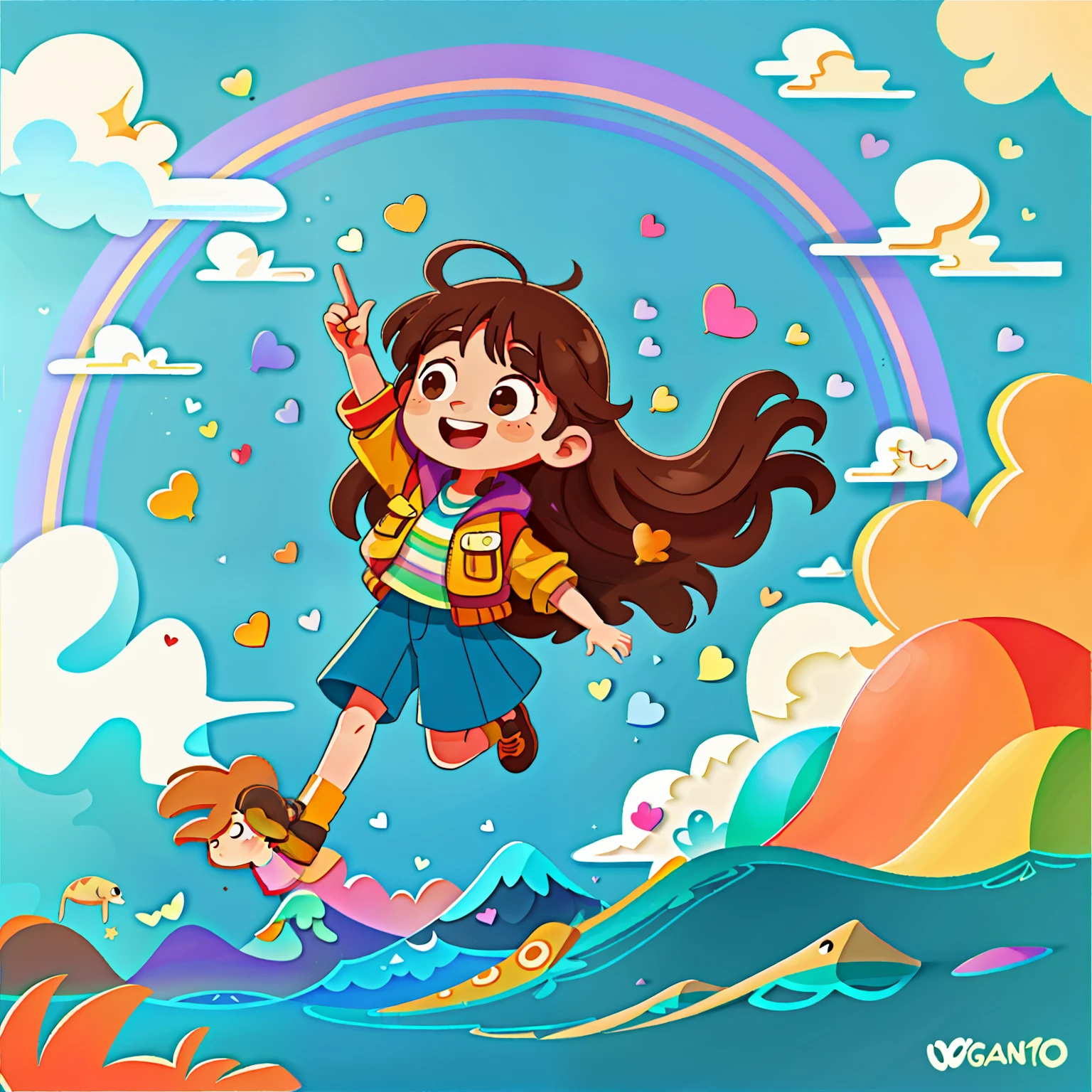 Girl with long brown hair,Put on your adventure clothes,in the sea of clouds,rainbow,Dance(with love)happy,surrounded by love,surrounded by love,O sign,vector,line art,design,inspiration,straight line,RHAD