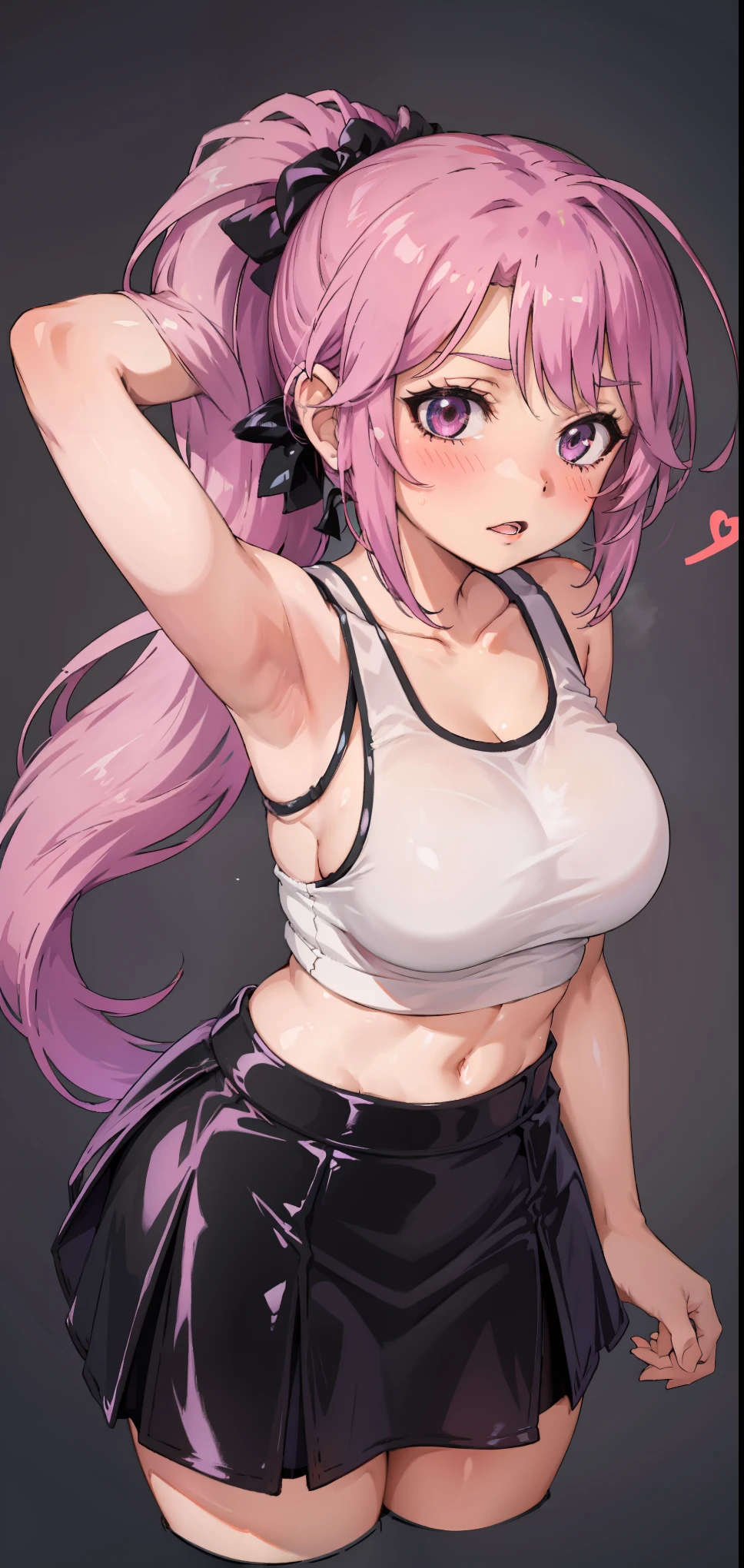 Jibril, ((upper body)), blushed, perfect anatomy, detailed eyes, detailed lips, extremely detailed eyes and face, vivid colors, sharp focus, masterpiece:1.2, ultra-detailed, blushed, ((doggystyle)), (solo), (((cropped tank top, latex, goth,latex skirt))), sleeveless, ((((ponytail))))