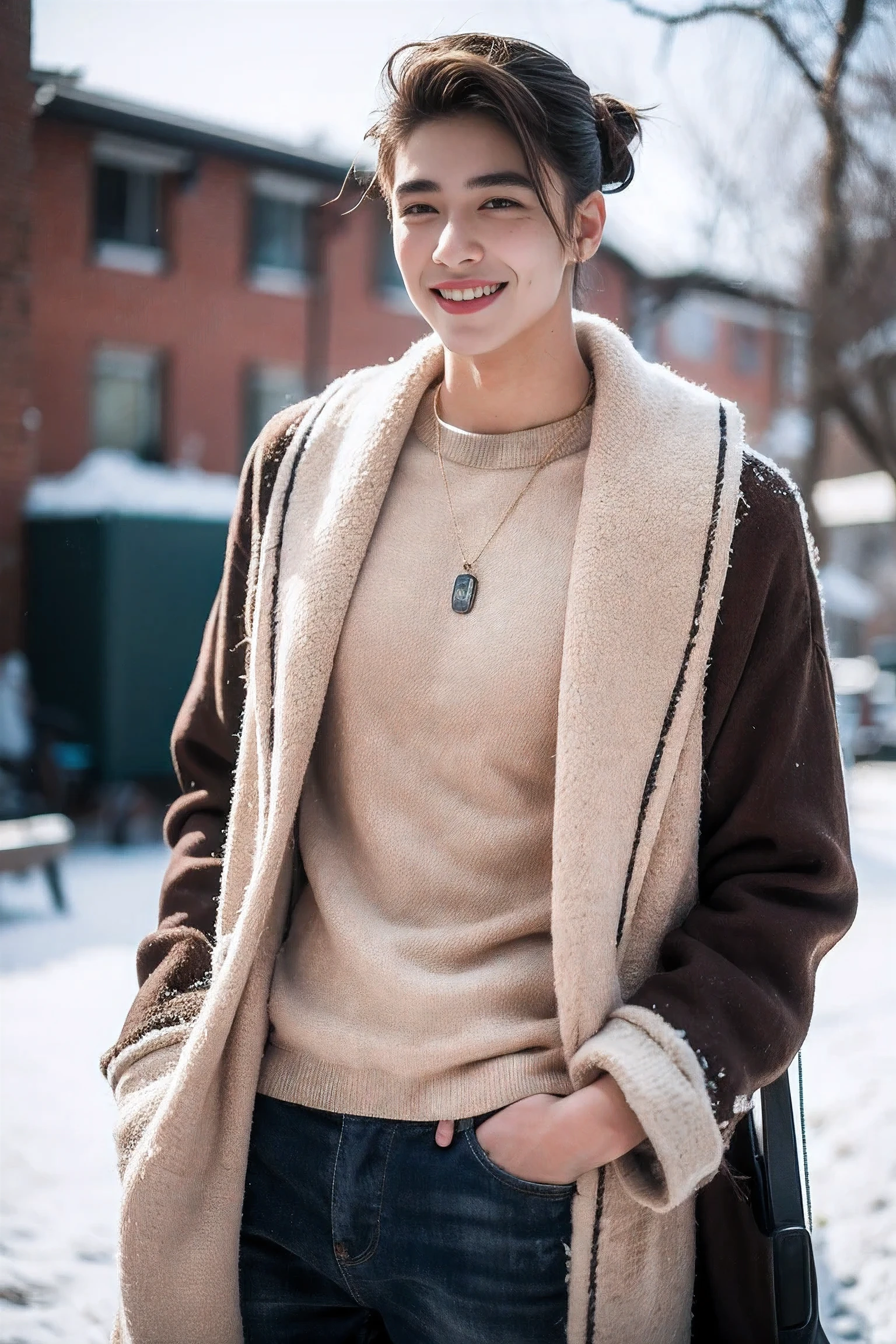 (Realistic photography:1.4) handsome man&#39;Bun hairstyle, loose winter clothes, smile, freckles, acnes , shine
