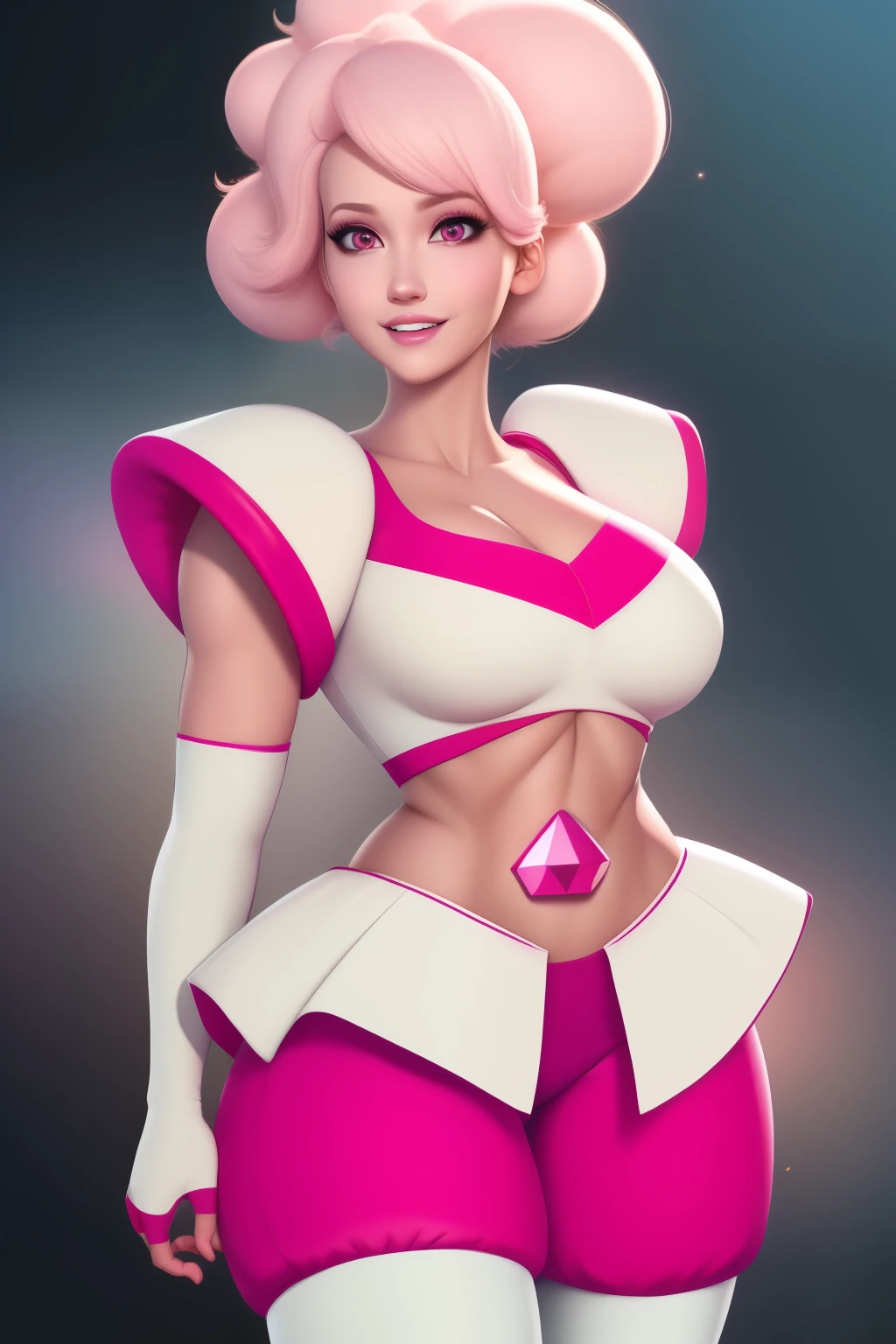 pnkdamond, pink hair, pink eyes, big hair, stomach gem, pink skin, toned,
puffy short sleeves, elbow gloves , white thighhighs, puffy dress,
standing, upper body,
outerspace,
(insanely detailed, beautiful detailed face,beautiful detailed eyes, masterpiece, best quality) cinematic lighting, smile,
