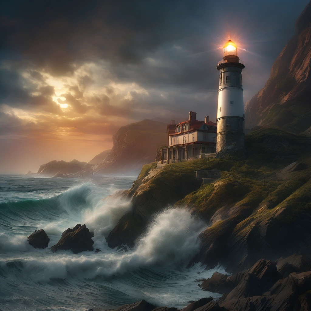 Lighthouse, aesthetic, extremely detailed, cliffs storm sea lighthouse Epic cinematic brilliant stunning intricate meticulously detailed dramatic atmospheric maximalist digital matte painting sinister by Greg Rutkowski
