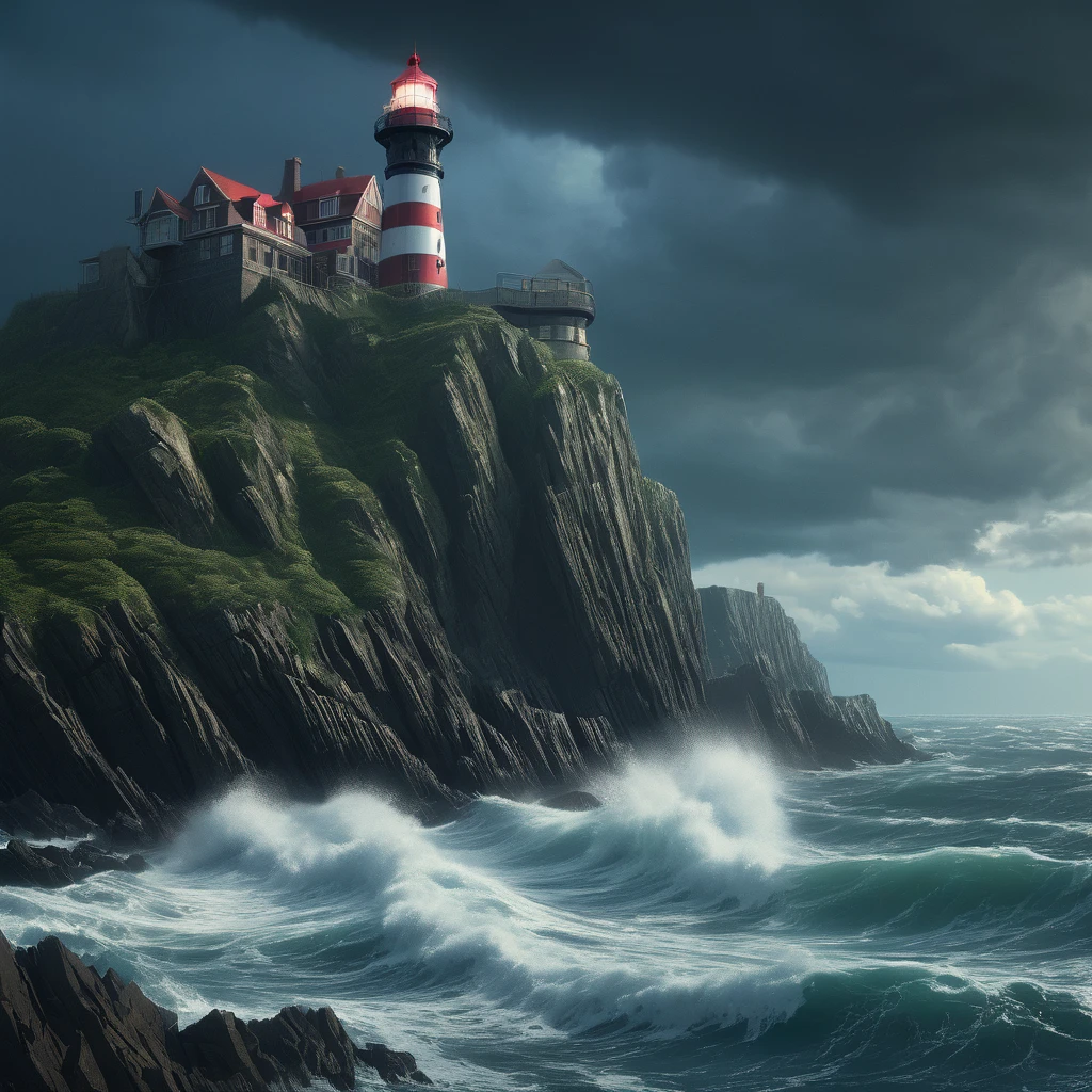 Lighthouse, aesthetic, extremely detailed, cliffs storm sea lighthouse Epic cinematic brilliant stunning intricate meticulously detailed dramatic atmospheric maximalist digital matte painting sinister by Greg Rutkowski