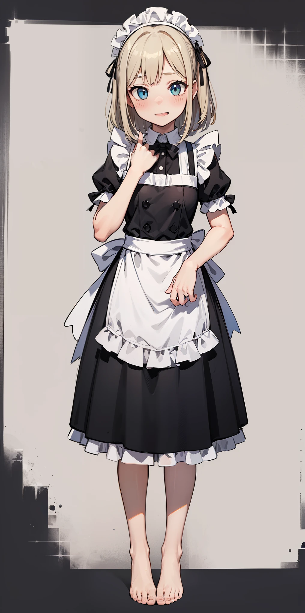 1girl, cute, ((Short black hair girl and long blonde hair girl)), maid victorian, maid apron, straight face, dazed, Body position: Standing, straight, symmetrical, barefoot, Lustful smile on face with red blush