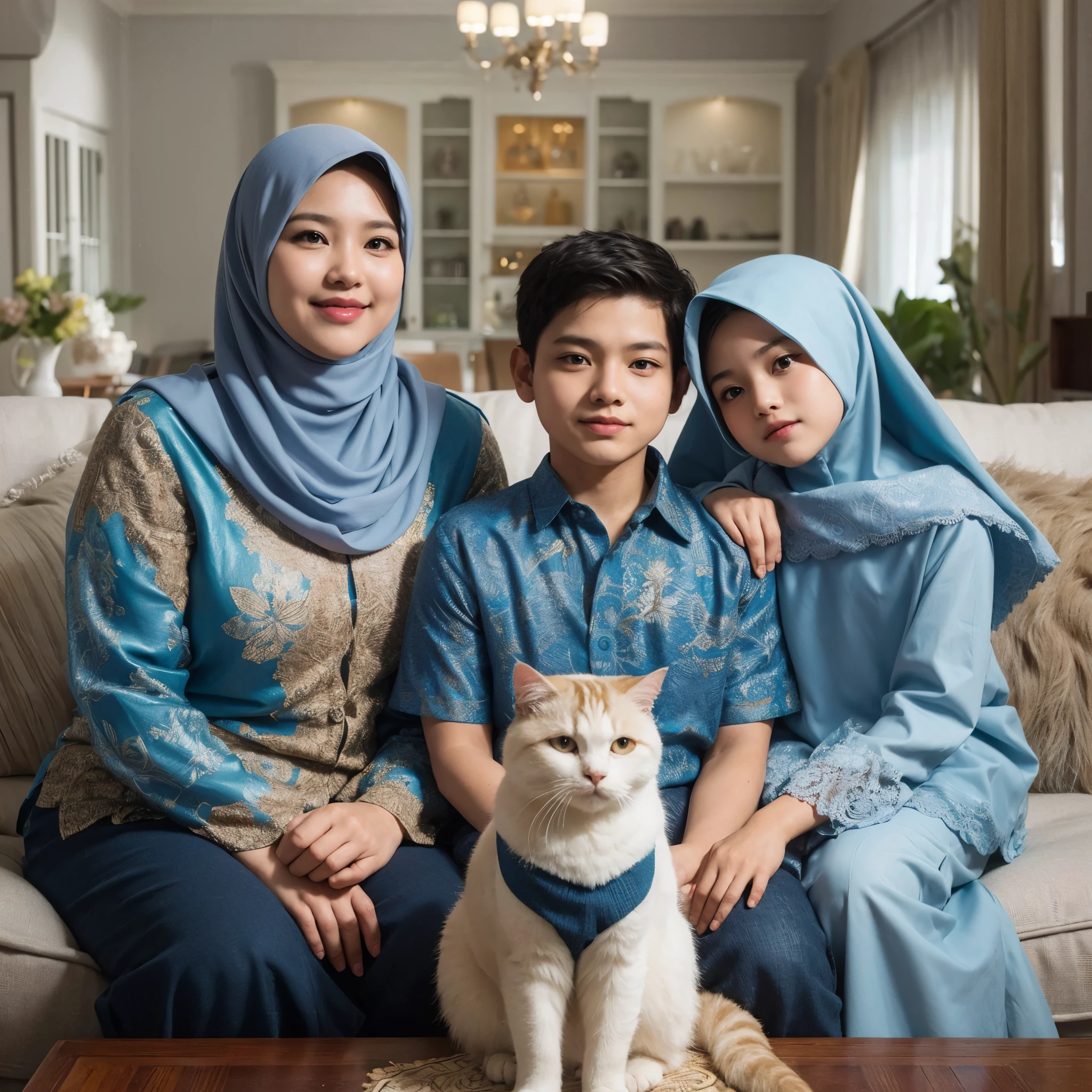 Family photo in Indonesia, three members, one 40-year-old chubby mother, one -yeld boith short hair, and one 10-year-o giearin hijab. They are all wearing coordinated navy and gold batik outfits. There is a white American shorthair cat wearing a hijab, posing seated on the luxurious living room sofa. The background is a luxurious living room. The photo is realistic, detailed, ultra HD, with white lighting, and is the best photography, in 8k resolution. 