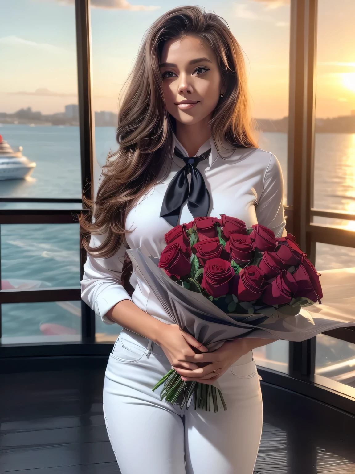 (front shot, in the center of photo:1.4), (full body postrait:1.4) a gorgeous woman (Cristy Ren), wavy hair in the wind, She has a subtle smile, cruise staff uniform (she wears cruise staff uniform, white shirt, black pants, black tie:1.2), ((background cruise deck, Royal Cruise)) (in sunset light:1.2), with a large bouquet of red roses in her hands, perfect eyes, perfect hands, ((with a large bouquet of red roses in her hands in front of her)), perfect hair, hair behind ear, UHD, masterpiece, anatomically correct, textured skin, super detail, high details, high quality, best quality, highres, 16k, 8k,