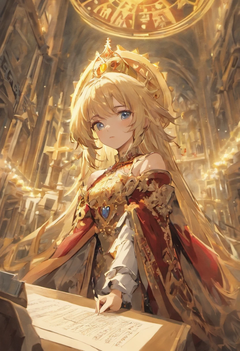 (masterpiece: 1.2, highest quality), realistic, (realistic Picture, intricate details, Depth of the bounds written), highest quality, masterpiece, very detailed, Semi realistic, 1 girl, mature woman, 21 years old, blonde, shoulder-length short hair,, left eye is covered with hair, blue eyes, king&#39;s clothes, red cloak, slim body shape, precious gold crown, read the document, Mark a document, goose hair pen, Office Table, soft bench, palace, palaceで, during the middle ages