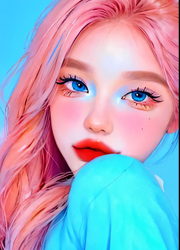 (((blue background))),painting of a woman with pink hair and pink lipstick, glossy digital painting, style digital painting, in the style of digital painting, soft digital painting, In Bowater's art style, Beautiful artwork illustration, Beautiful and gorgeous digital art, pink face, pink girl, digital illustration style, digital anime illustration, anime female portrait, elegant digital art