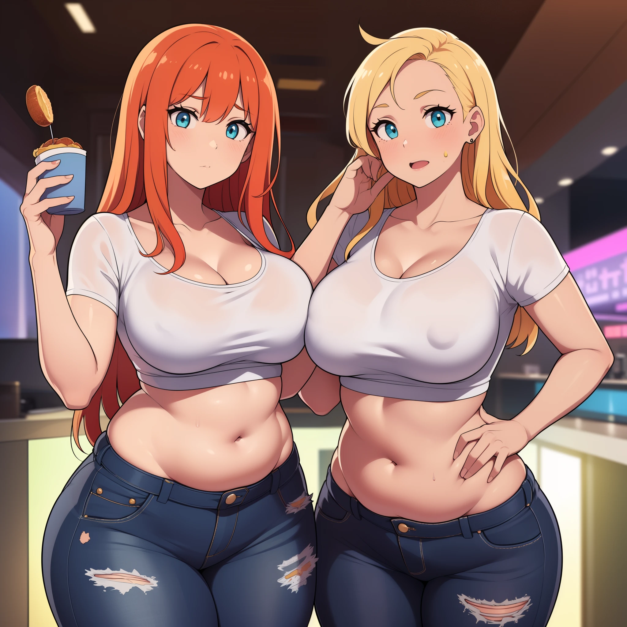 ((highreasterpeice, high quality, best quality, beautiful, perfect lighting, detailed face, ultra cute face, ((2girls)), blush, one girl has blonde hair, blue eyes, crop top and shorts, one girl has orange hair, green eyes, jeans, white shirt, tight clothes, full body, fast food restaurant, medium breasts, perky breasts, ((wide hips)), (thick thighs), (chubby), chubby belly, standing next to each other,