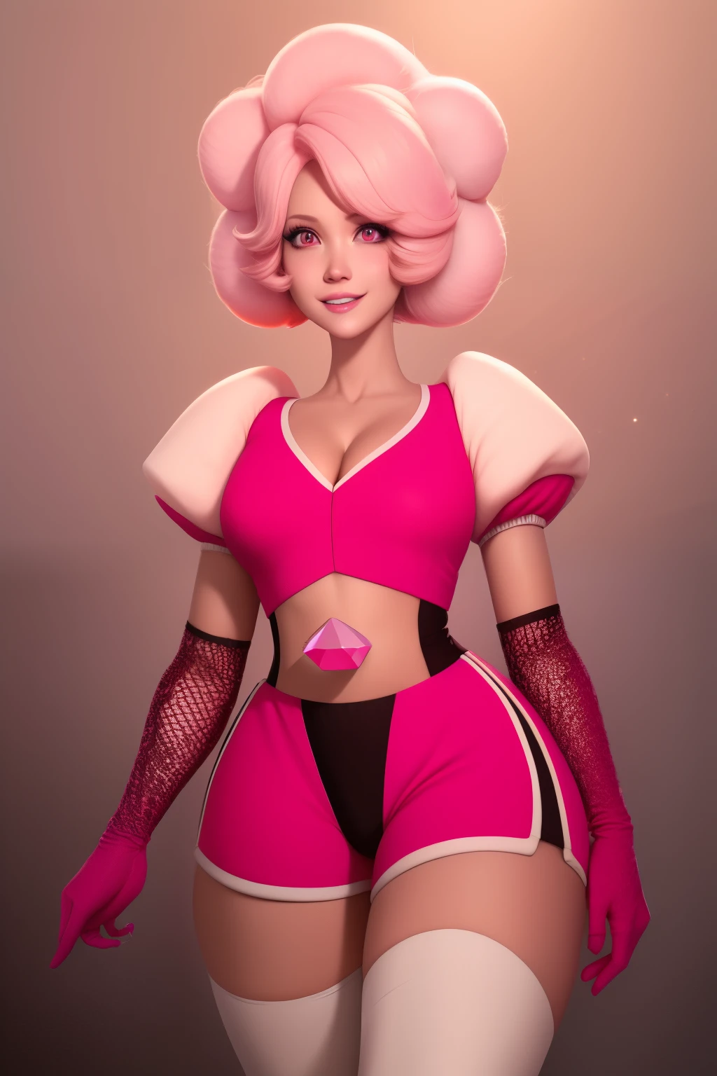 pnkdamond, pink hair, pink eyes,  big hair,  stomach gem,  pink skin,  toned, 
puffy short sleeves, elbow gloves ,  white thighhighs,   puffy dress, 
standing, upper body, 
 outerspace,  
(insanely detailed, beautiful detailed face,beautiful detailed eyes, masterpiece, best quality) cinematic lighting,  smile, 
 