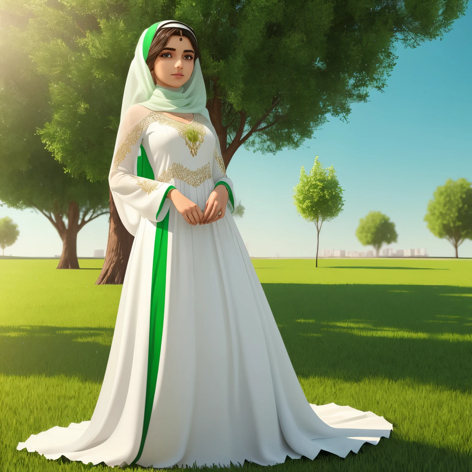 Create a 3D illusion for a whats app profile picture where a young beautiful girl in a white arab dress and covered full of ot except eyes looks ahead and standing near the light green tree and the ground is with full of grass and flowers "p.salma" black fonts in her beautiful dress