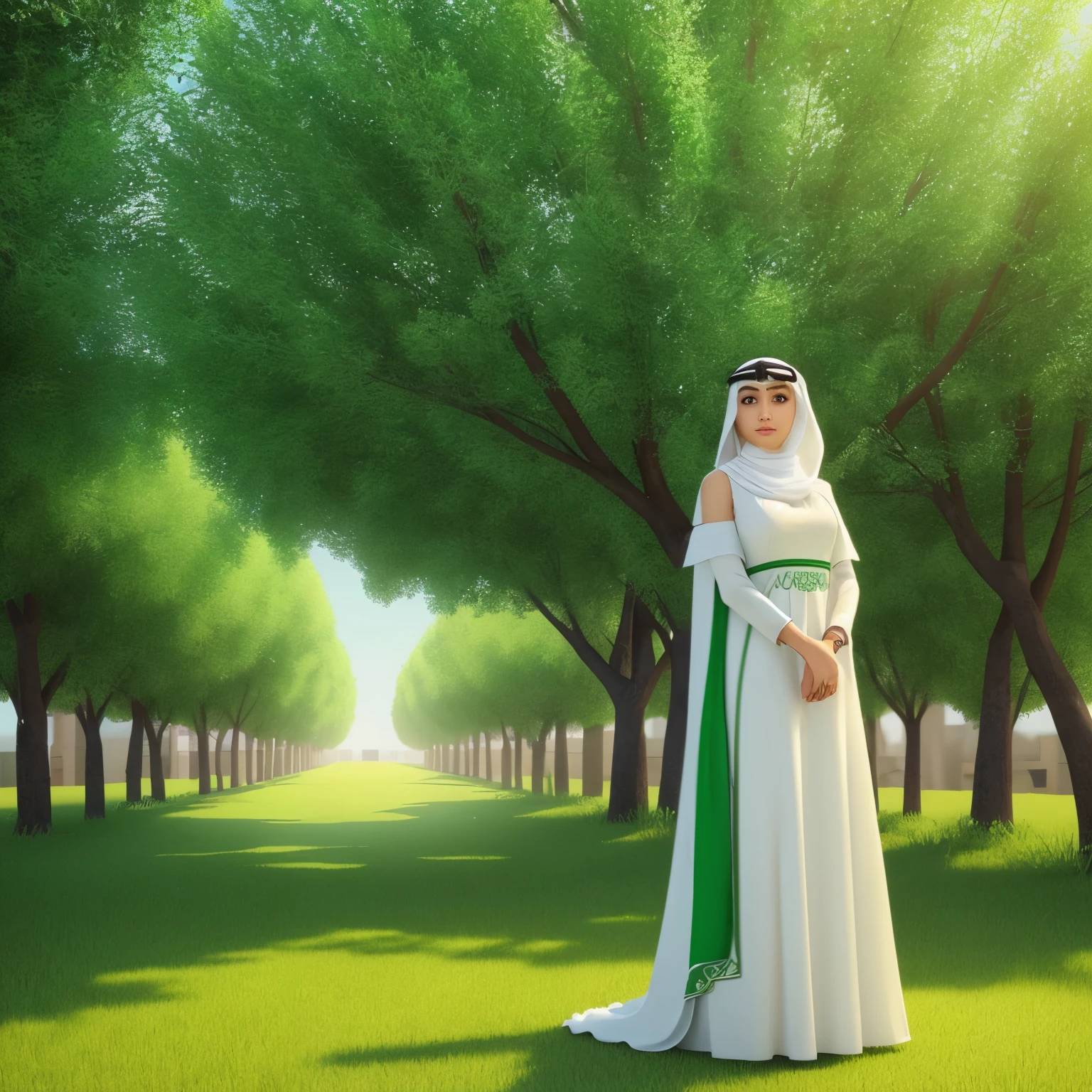 Create a 3D illusion for a whats app profile picture where a young beautiful girl in a white arab dress and covered full of ot except eyes looks ahead and standing near the light green tree and the ground is with full of grass and flowers "p.salma" black fonts in her beautiful dress
