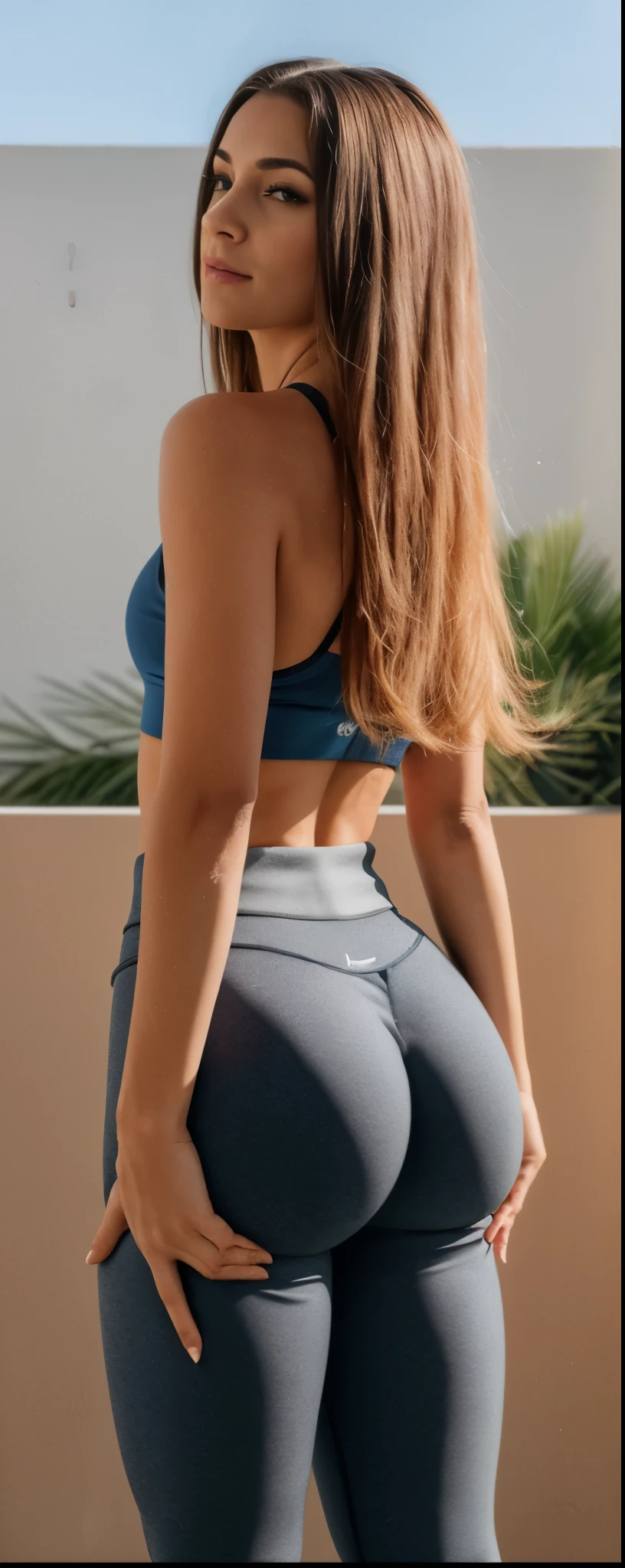 a close-up of a woman in tight pants and a big boot, shapely traseiro tonificado, traseiro tonificado, traseiro bem torneado, pose de costas, forma tonificada, Grosso, sports bra and dark blue shorts, two piece workout clothes, cintura - tiro, view from behind, traje apertado, roupa apertada, back view