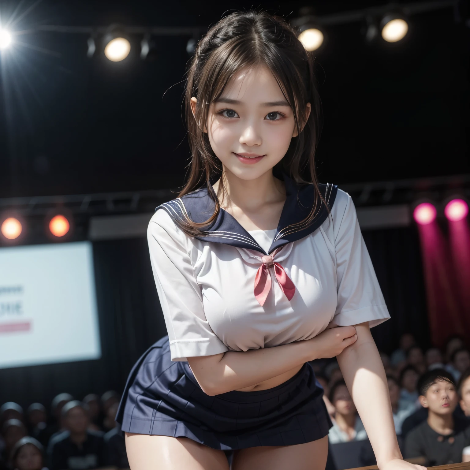 (highest quality,masterpiece:1.3,ultra high resolution),(Super detailed,8K),(realistic:1.4,RAW shooting)、blurred background、Cute 19 year old woman、Smiling with a shy look、Drawn in a full-body pose。she is naked 、Nipples and pubic hair are visible。She wears a theme park headband with a ponytail, Cute face in bow tie.、Riding on a carousel at an amusement park。