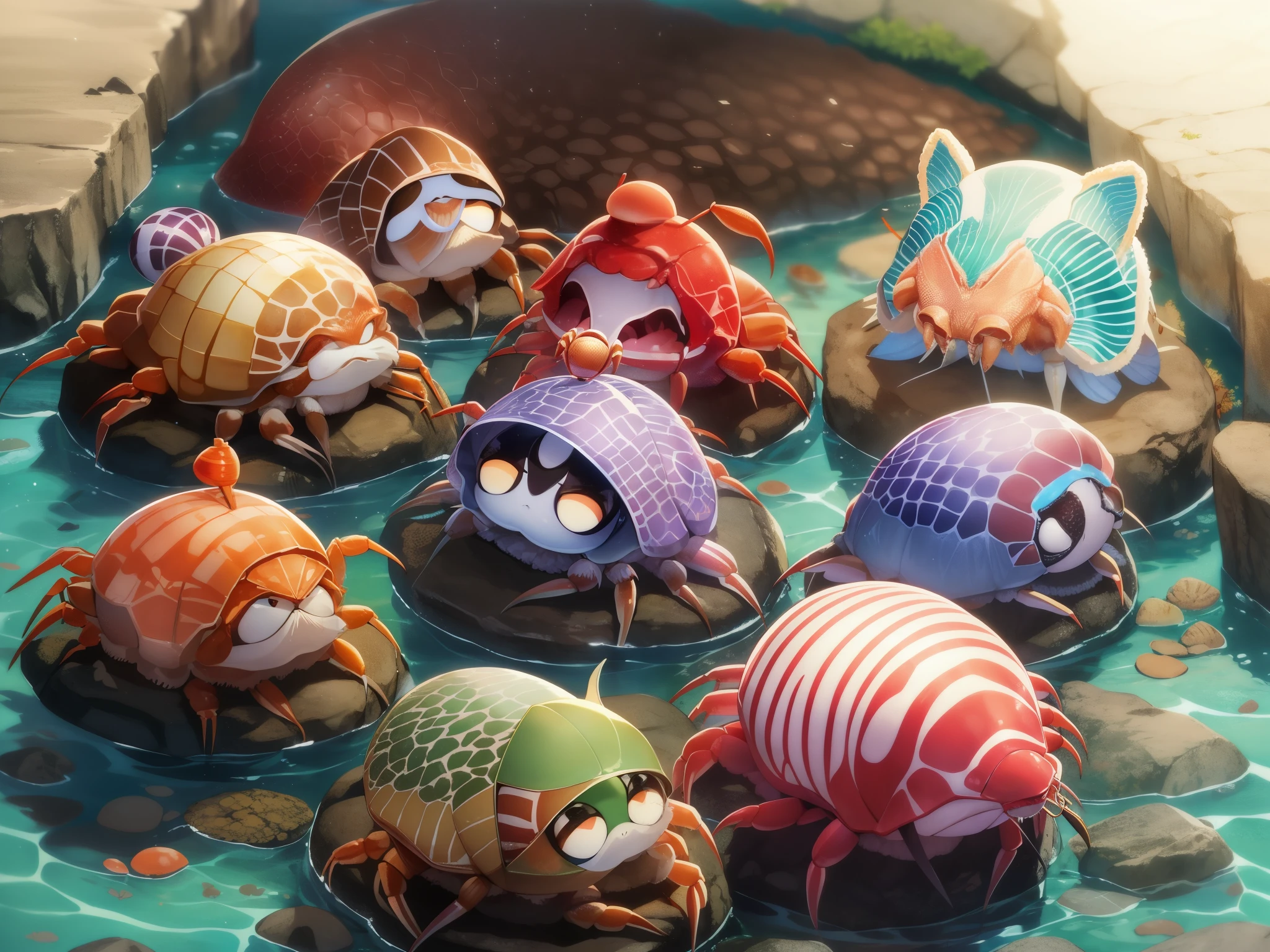 Open sea、（（（武装hermit crab）））+++、（（（要塞hermit crab）））+++、（（（戦艦hermit crab）））+++、（（（巨大hermit crab）））+++、hermit crab（dormitory、parasite）teeth、十脚目hermit crab上科 Paguroidea のうち、A crustacean that lives primarily by encasing its body in a snail shell and carrying it on its back.、the reclusive crab、体teeth頭胸部と腹部に分かれる。胸脚の第一対teeth太く発達した鋏脚で、多くの場合teeth左右不対称である。大きい方の鋏teeth、Used to cover the entrance when the body is withdrawn into the shell。歩脚として使われるのteeth第2・第3対の2対であり、残りの第4・第5胸脚teeth短くなって貝殻を保持するために使われる。腹部teeth長く柔らかい袋状で、Spiral shaped to match the shell of the snail。腹部の関節teeth不明瞭で、付属肢teeth左側だけが残り、右側teeth退化している。尾脚teeth鉤状で、It plays the role of keeping the body inside the shell.、種類によってteeth欠くものもいる。但し同じhermit crab上科でも、ツノガイhermit crab科 Pylochelidae (Pomatochelidae)teeth腹部に関節があり、It grows straight backwards and resembles a shrimp.。この形態teethhermit crab上科共通のグラウコトエ幼生 Glaucothoe に似ており、ツノガイhermit crab科teethhermit crab上科の中でも原始的な部類とされている。Many live from the intertidal zone to the deep seabed, several hundred meters deep.、Brackish water depending on type、beach、Rocky reefs、coral reef、They live in environments such as sandy mud bottoms.。亜熱帯から熱帯でteeth、海岸付近の陸上で生活するオカhermit crab類 Coenobita もいる。日本の海岸でteethホンhermit crab Pagurus filholi、ユビナガホンhermit crab P. minutus、ケアシホンhermit crab P. lanuginosus、Clibanarius virescens、Paguristes ortmanni etc. are often seen。普段teeth貝殻から頭胸部だけを出して歩き回り、When you feel danger、quickly retreat into the shell、It covers the mouth of the shell with its well-developed scissor legs.。食性teeth雑食性で、algae、biological remains、eat detritus etc.。天敵teethタコや肉食魚の他、They are sometimes preyed upon by large crabs such as carappa and warty crabs.。Humans are also natural enemies because they are eaten and used as fishing bait.、卵teeth小さく、孵化した子teethゾエア Zoea、グラウコトエという幼生期を経て小さなhermit crabの姿に変態し、enter the life under the sea。陸上生活をするオカhermit crab類も、幼生時teeth海で成長す